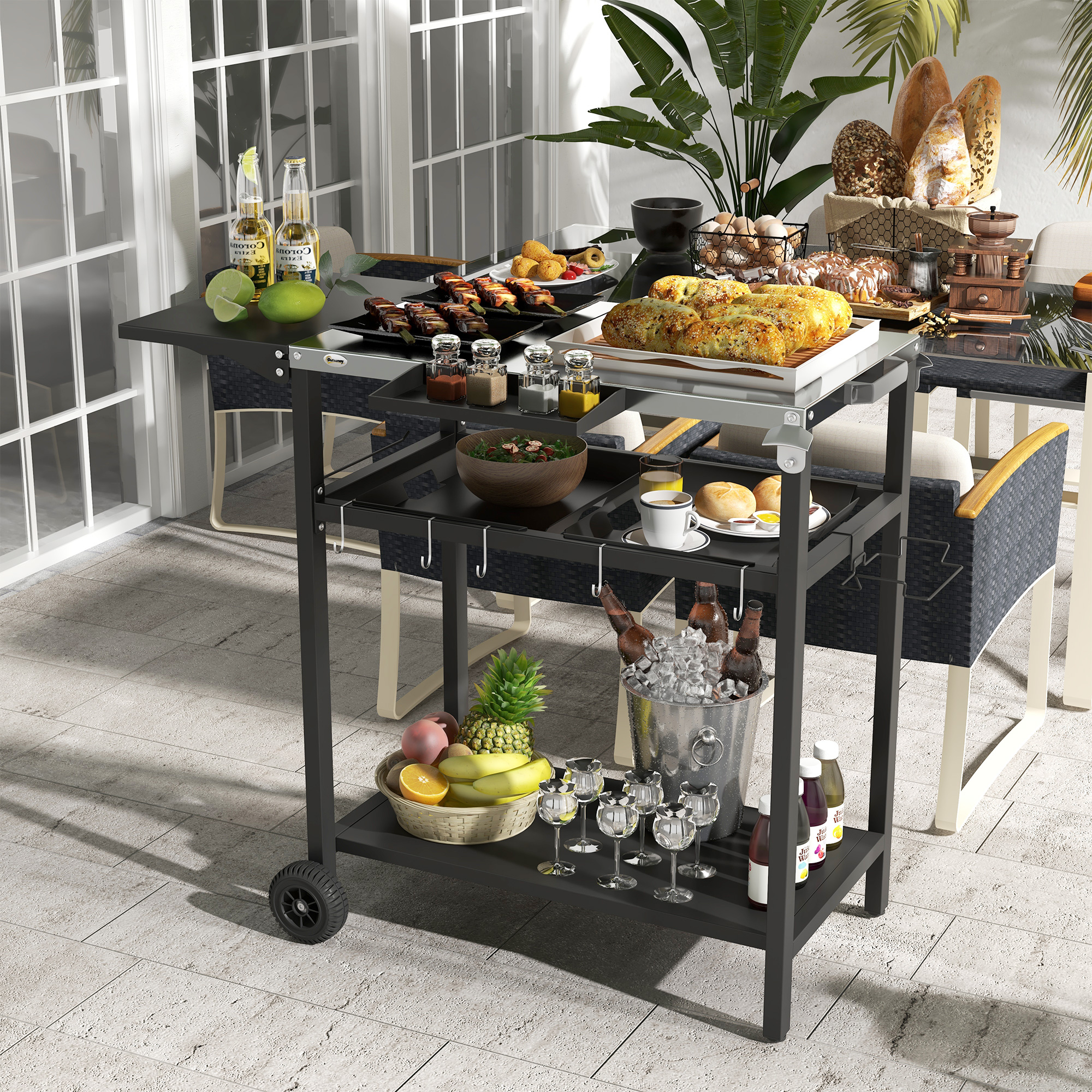 2-Tier Shelf Outdoor Bar Cart, Stainless Steel Tabletop Patio Serving Cart With Accessories For Poolside, Garden, Black - Image 1