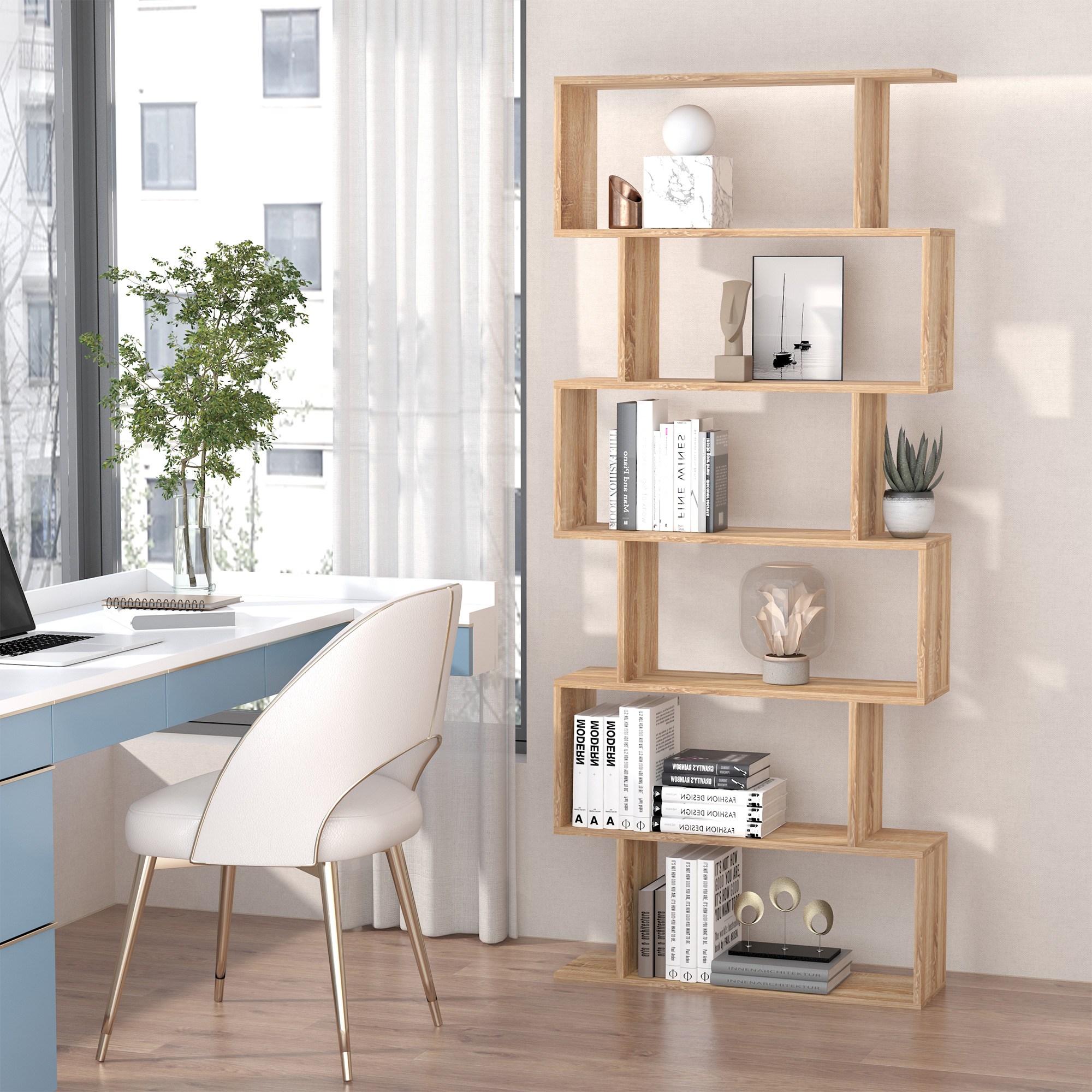 75.5" H Bookcase 6 Shelf S-Shaped Bookshelf Wooden Storage Display Stand Shelf Organizer Free Standing, Oak - Image 1