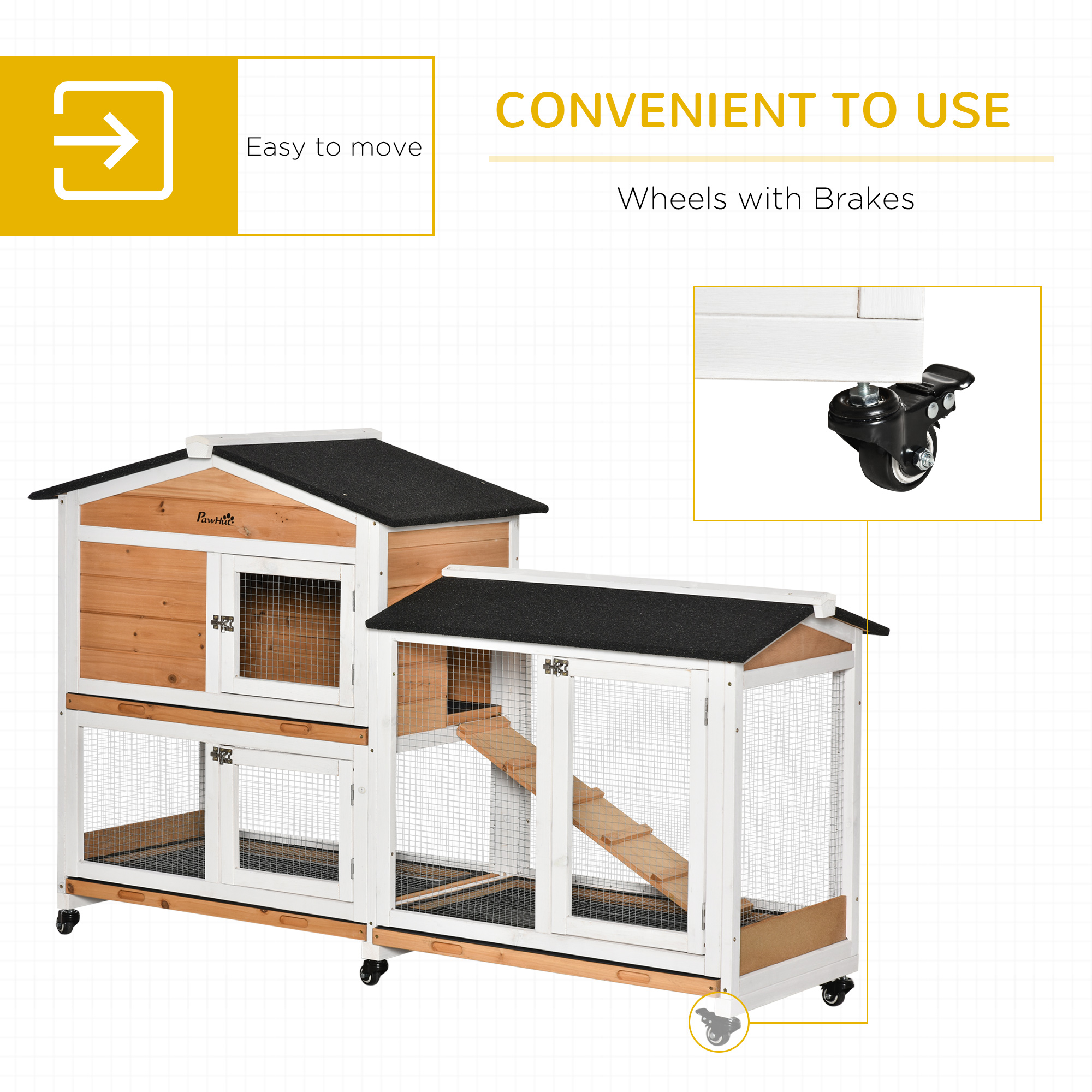 62" Wooden Mobile Rabbit Hutch With Wheels, Run Box, Slide-out Tray, Ramp, Yellow_voghion.com