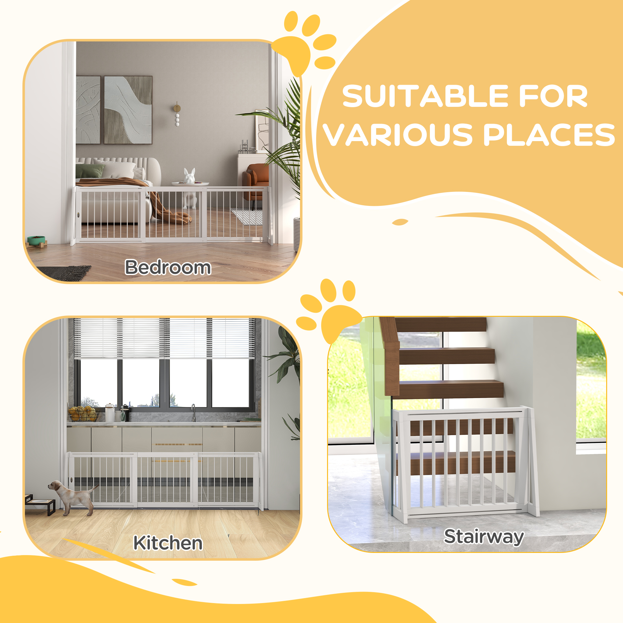 28"-75" Freestanding Wooden Pet Gate With Support Feet & Non-Slip Mats For Indoor, Stairway, Doorway, White_voghion.com