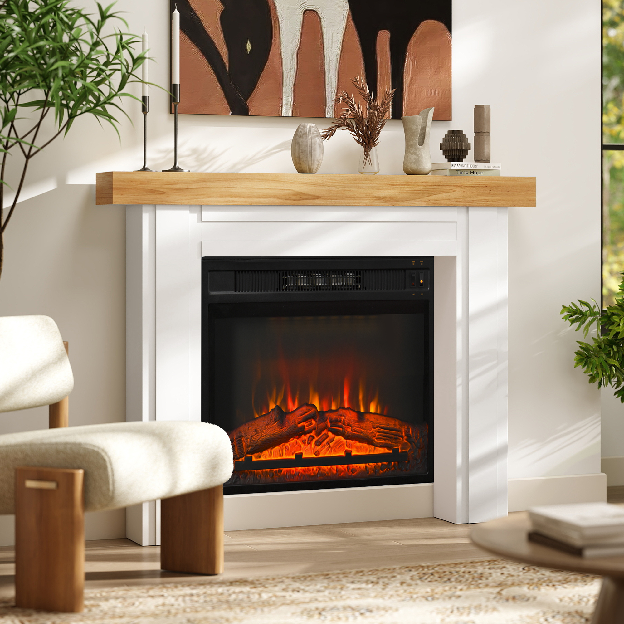 Modern Fireplace Mantel, Freestanding Fireplace Surround With Leg For Electric Fireplaces, 51.2" W X 40.6" H, Natural Wood - Image 1