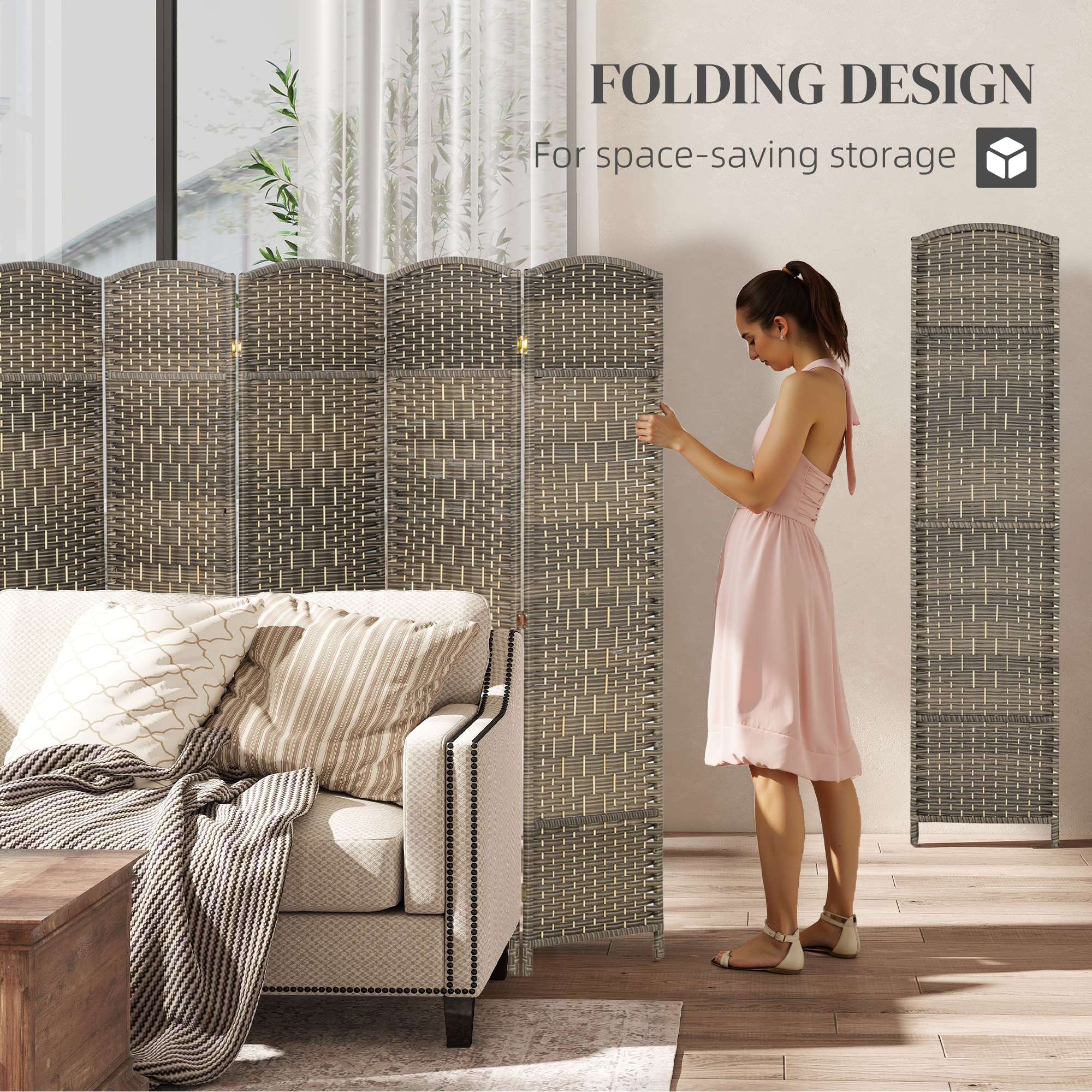 Folding Room Divider Screen 6 Panel 6' Tall Privacy Screen Freestanding Wood Partition For Home Office, Dark Rustic Oak_voghion.com