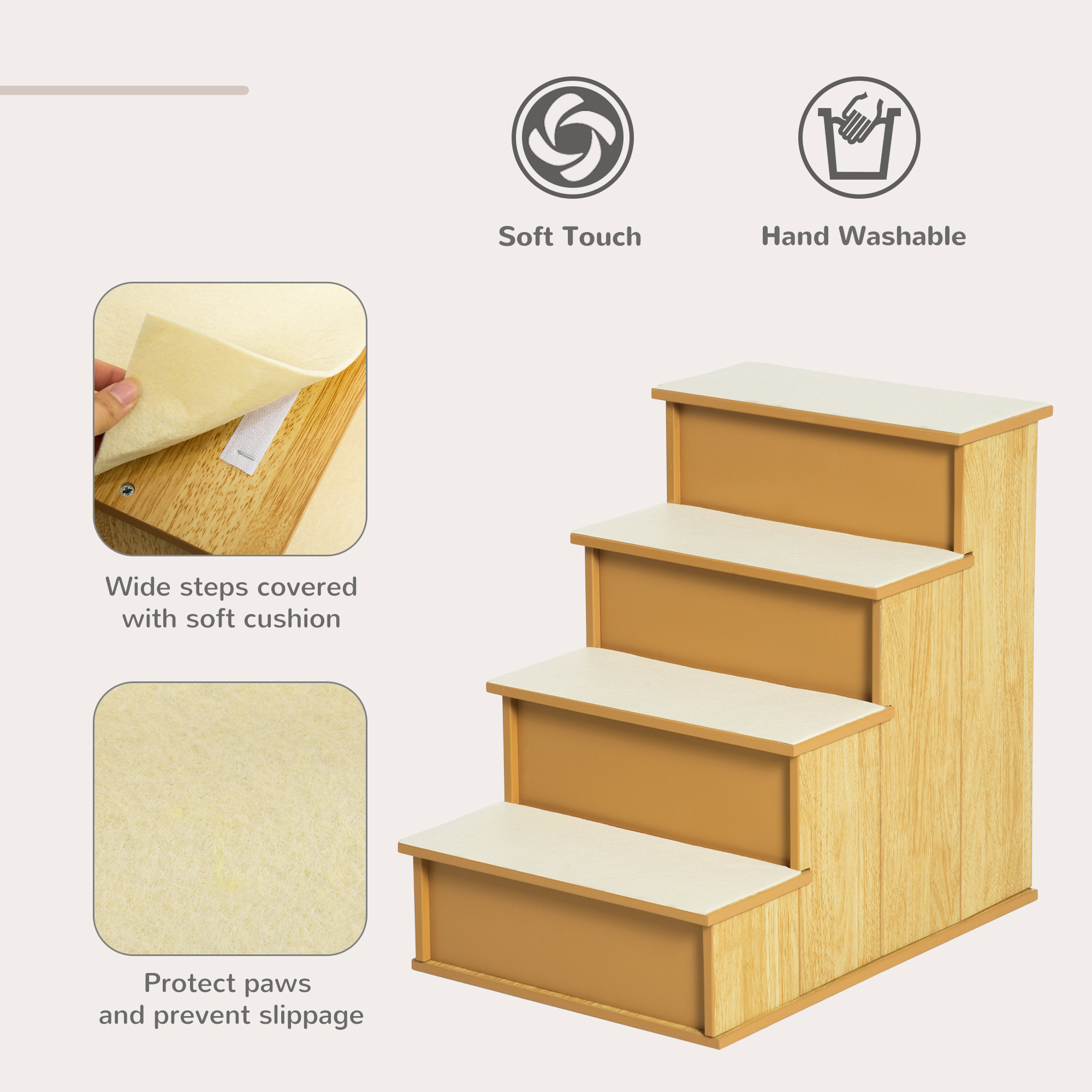 Pet Stairs, Small Pet Steps With Cushioned Removable Covering For Dogs And Cats Up To 22 Lbs, Natural_voghion.com
