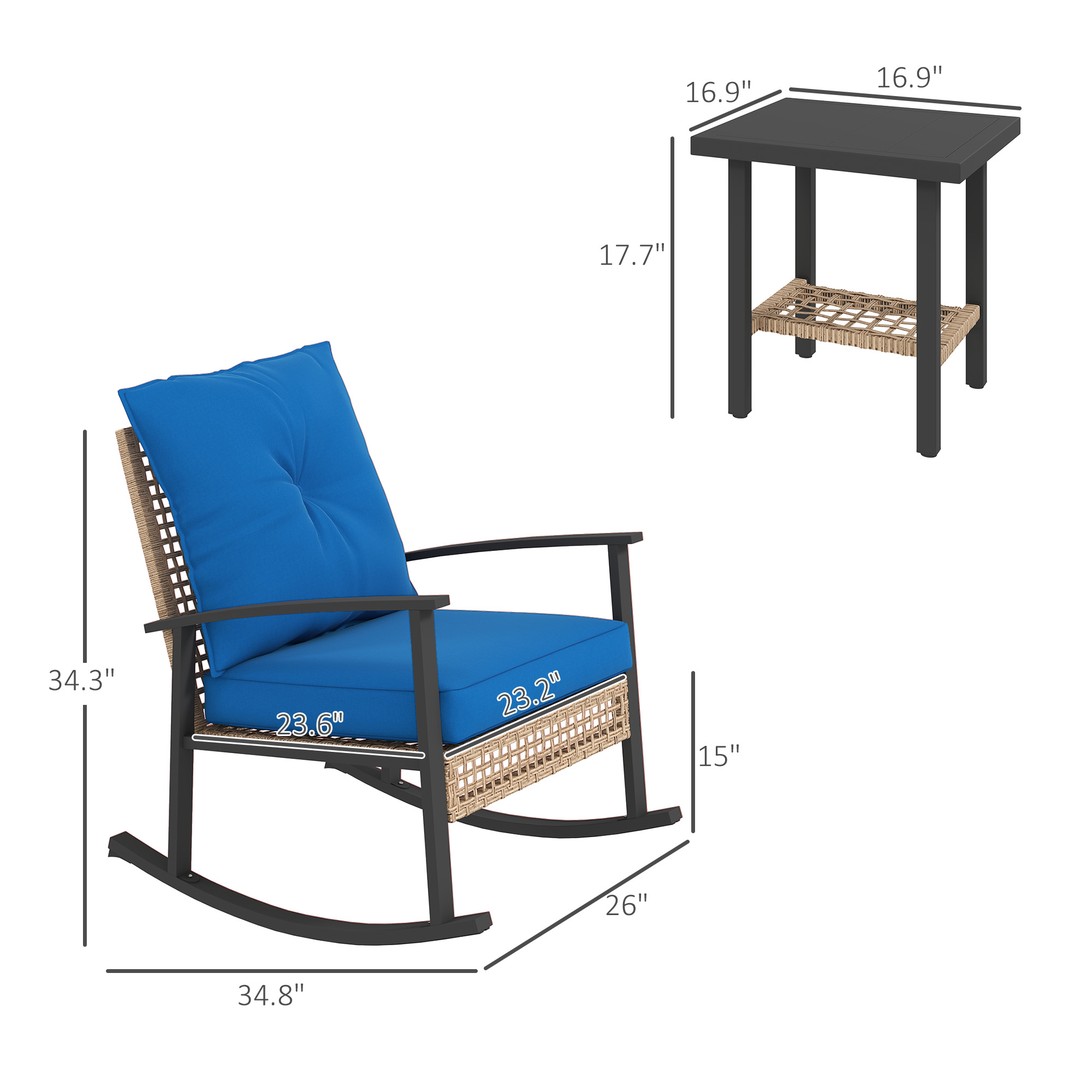 3 Pieces Bistro Set, Patio Wicker Furniture Set With Button Tufted Cushions