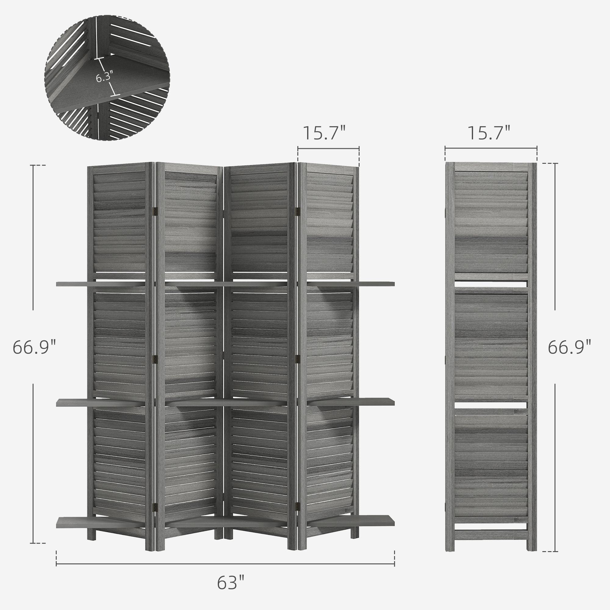 4 Panel 67" Tall Wood Privacy Screen Room Divider With 3 Shelves And Folding Storage For Bedroom, Gray_voghion.com
