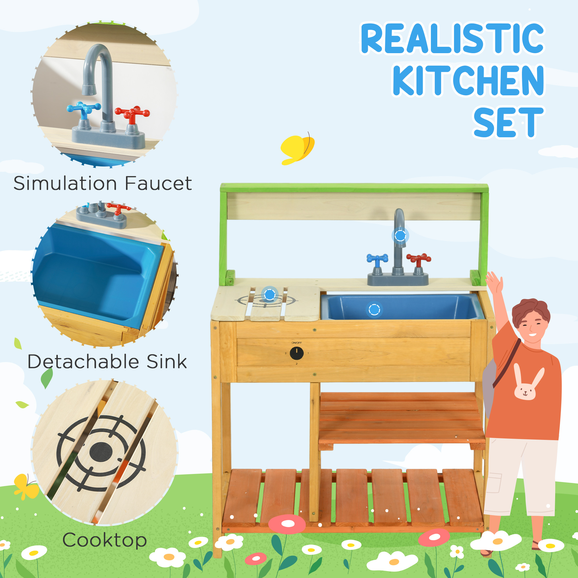 Mud Kitchen For Kids Outdoor Kitchen Playset W/ Realistic Kitchen Toys, Faucet Sink Storage Shelves For Ages 3-8 Years