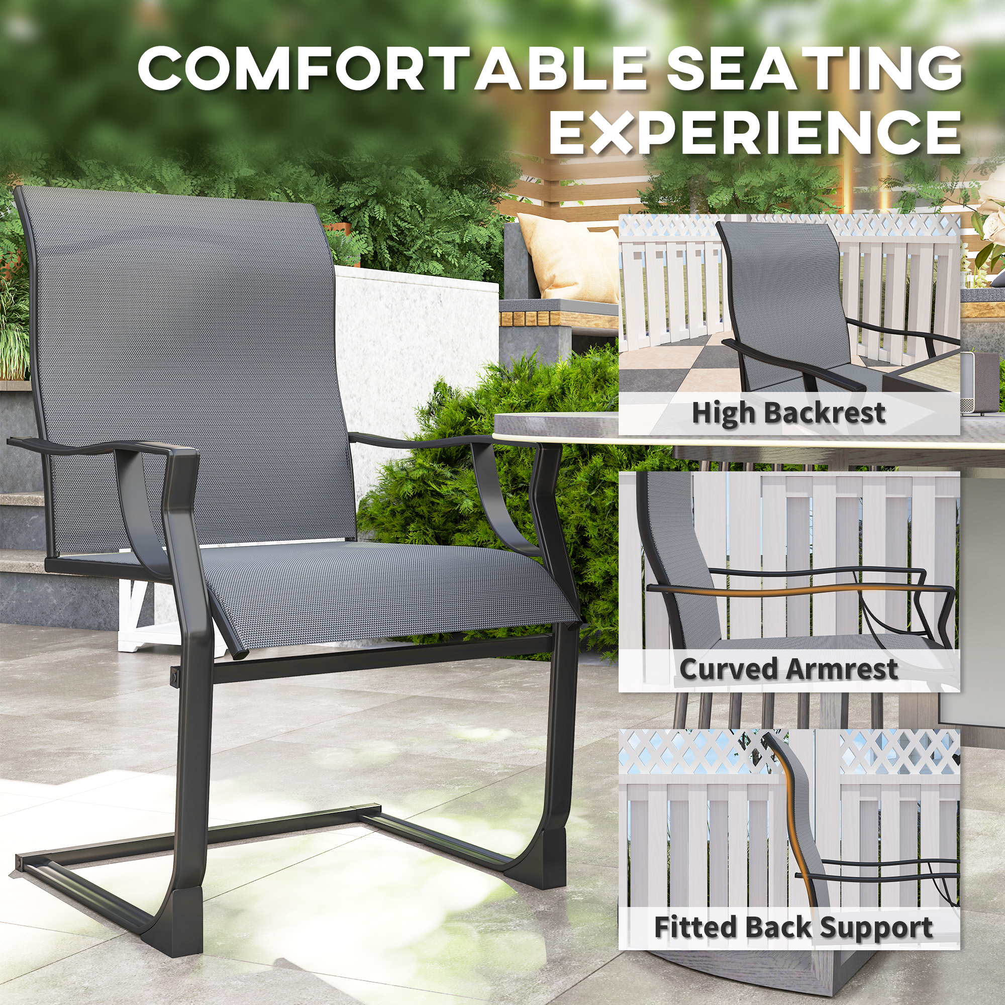 C Spring Patio Dining Chairs Set Of 2 With High Backrest, Armrest, Breathable Fabric & Metal Frame, 256LBS, Light Gray