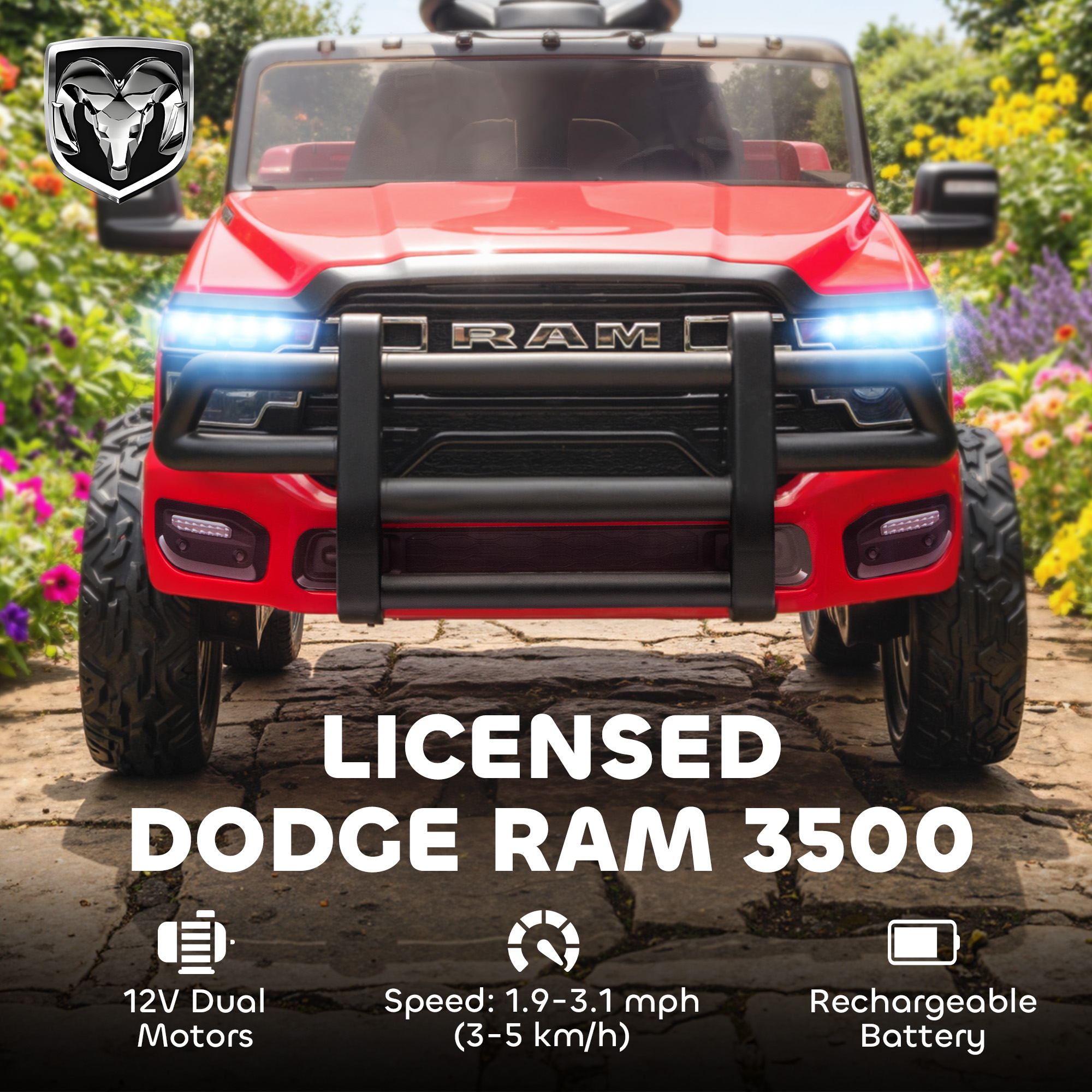 12V Kids Ride On Car, Licensed Dodge RAM 3500 Ride On Toys With Dual Motors, Remote Control For Toddlers, Red