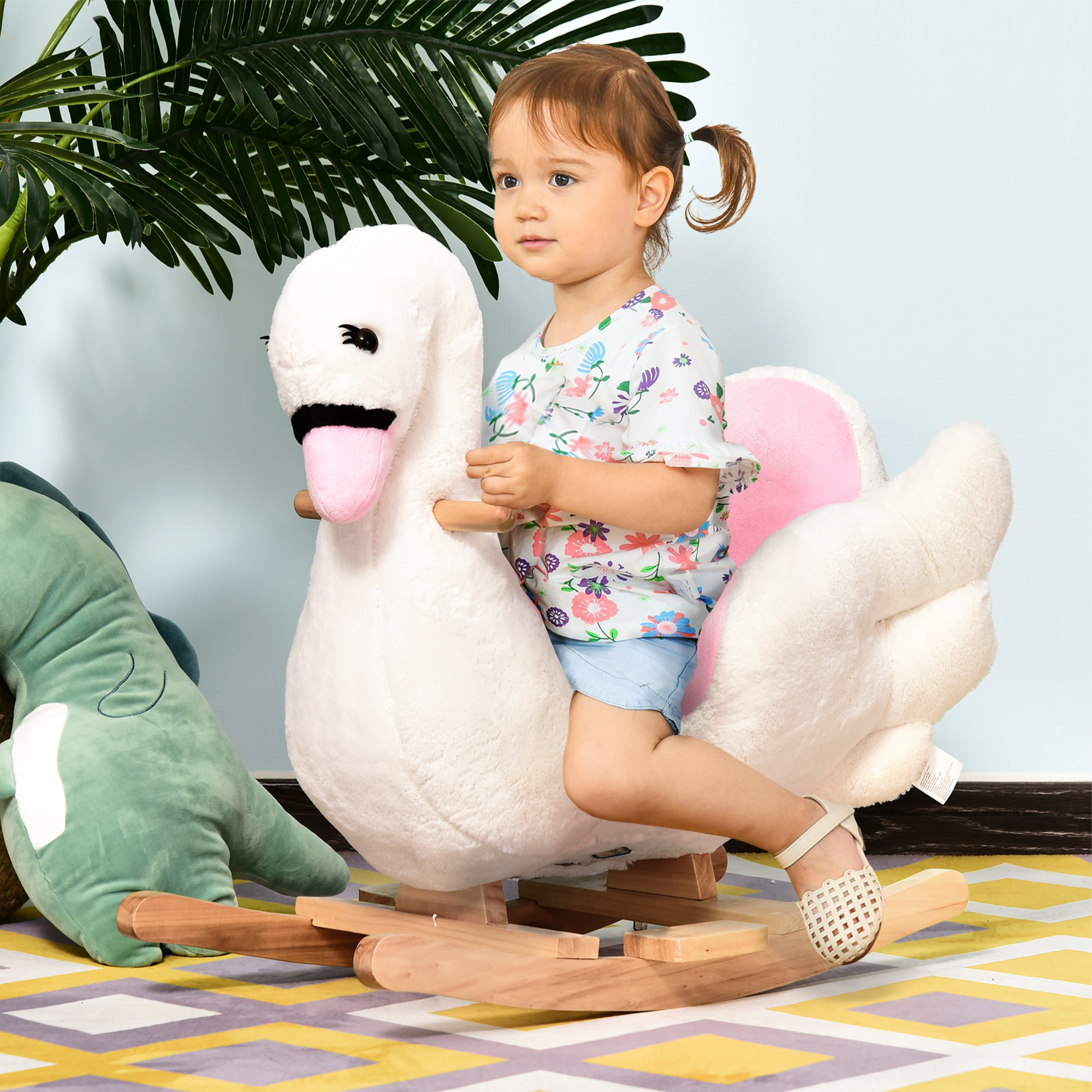 Kids Ride On Rocking Horse Plush Swan Style Toy With Music For Over 18 Months Children, White And Pink