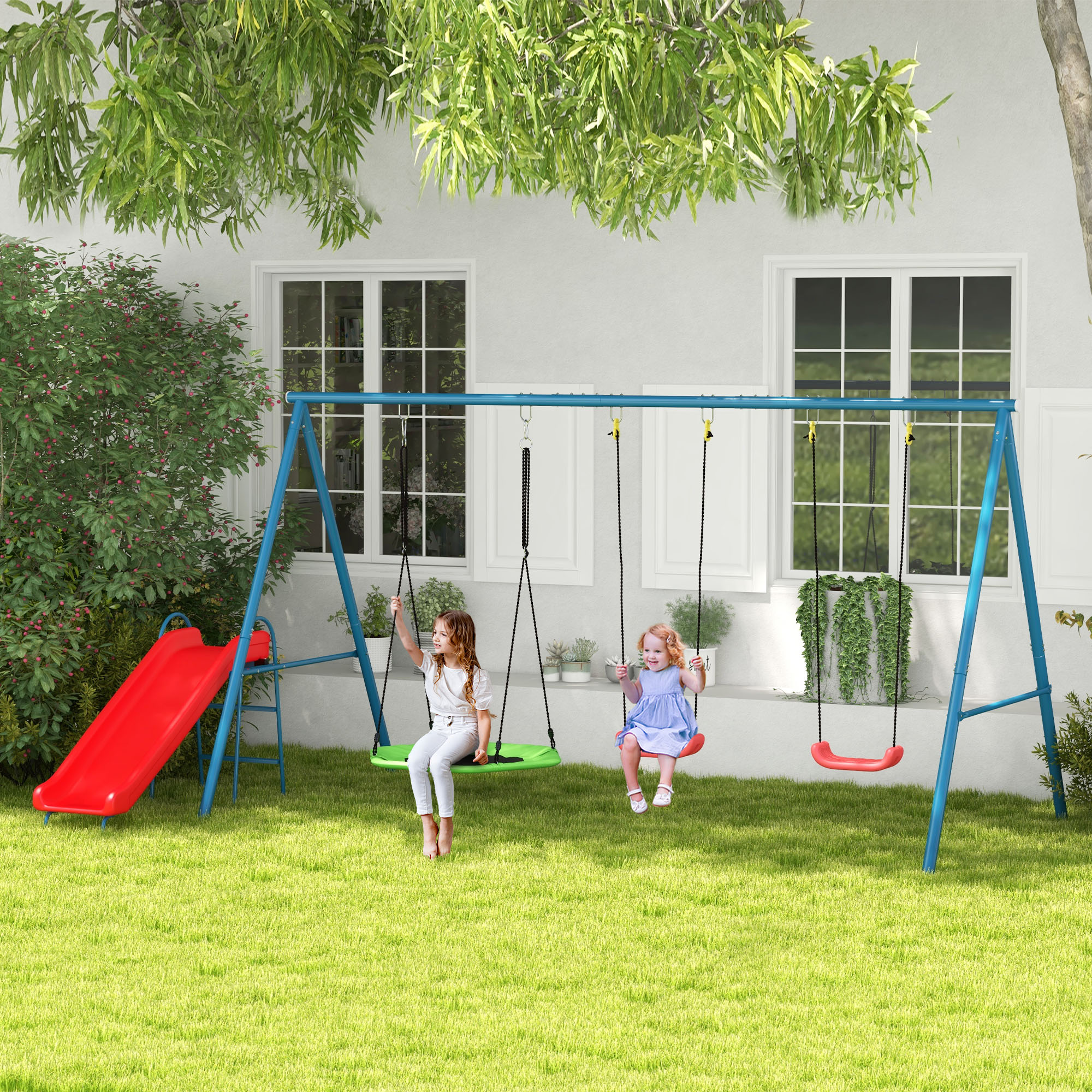 Metal Swing Set For Backyard, 3 In 1 Design With 1 Nest Swing, 2 Seats, 1 Slide, Holds Up To 352 Lbs. For Ages 3-8_voghion.com