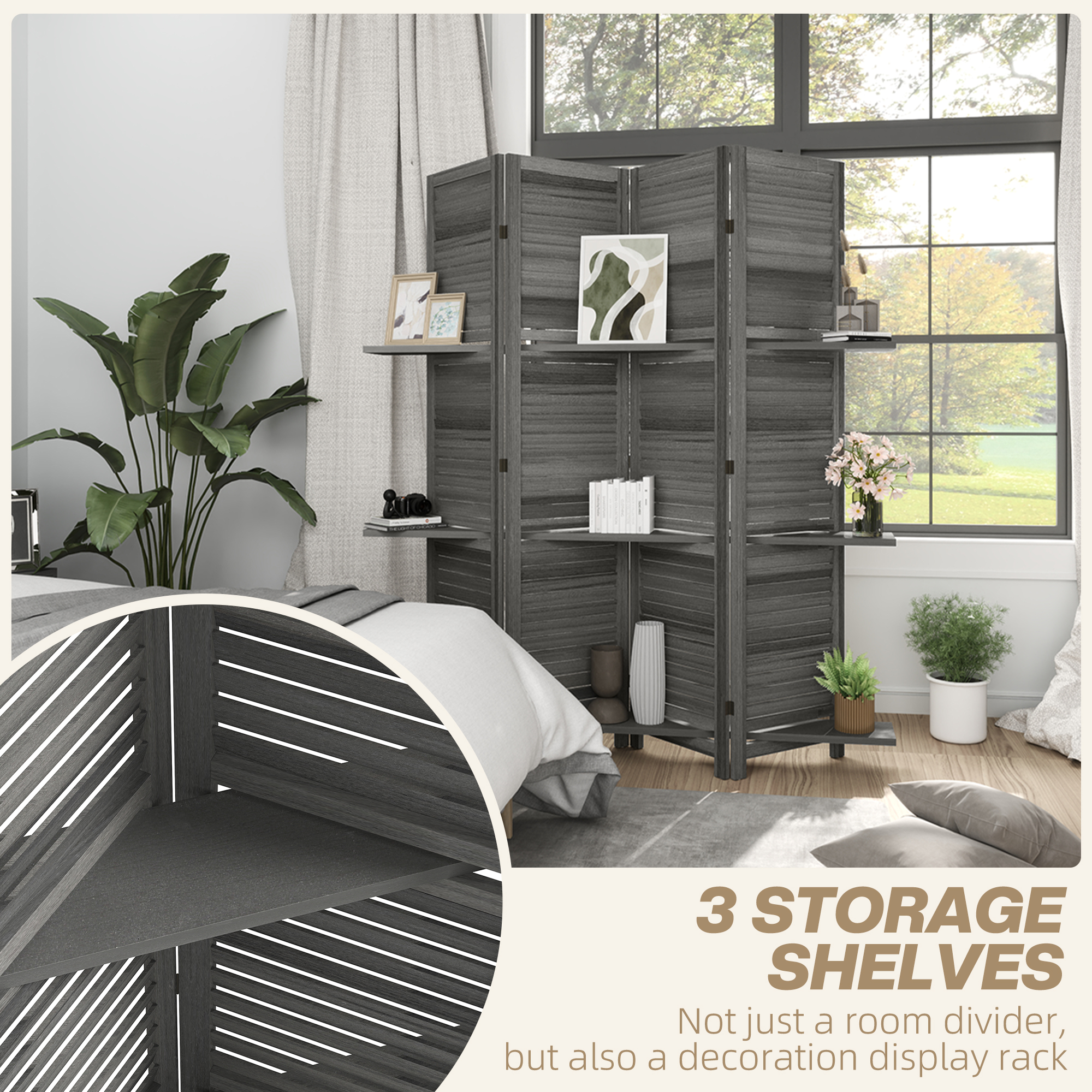 4 Panel 67" Tall Wood Privacy Screen Room Divider With 3 Shelves And Folding Storage For Bedroom, Gray_voghion.com