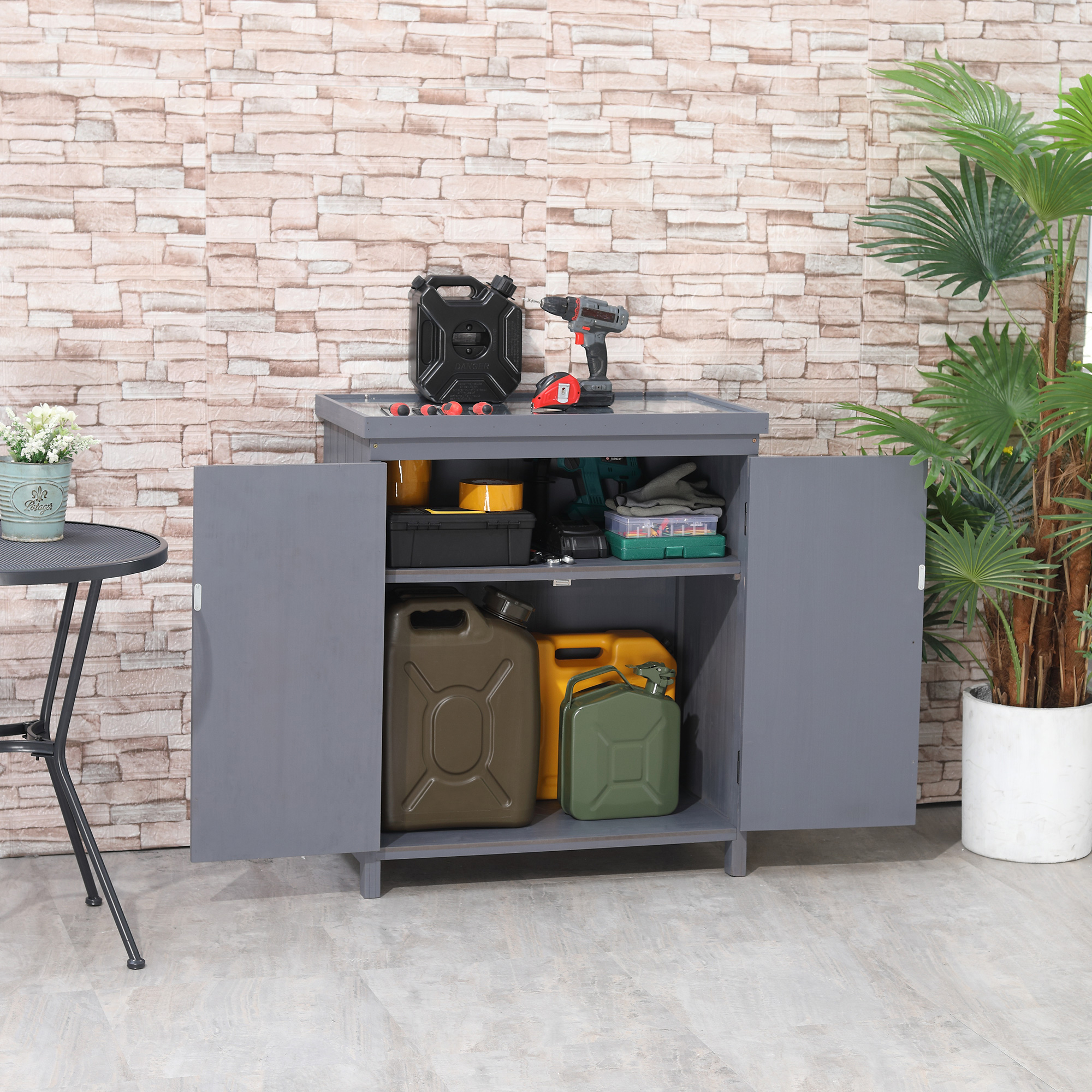 Outdoor Storage Cabinet, Outdoor Tool Shed With Galvanized Top And Two Shelves For Yard Tools Or Pool Accessories, Gray - Image 1