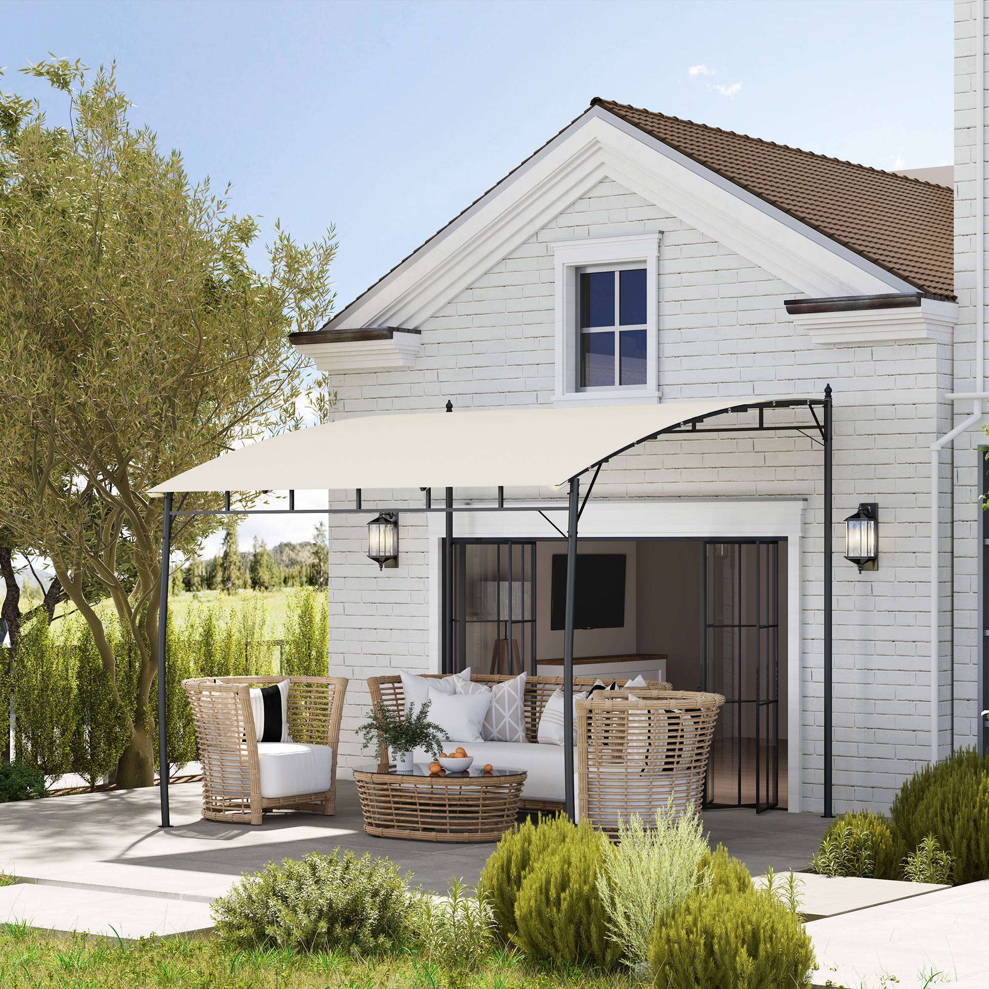 10' X 10' Outdoor Pergola Gazebo, Garden Sun Shade Shelter With Metal Frame For Porch, Patio, Deck, Backyard, Cream