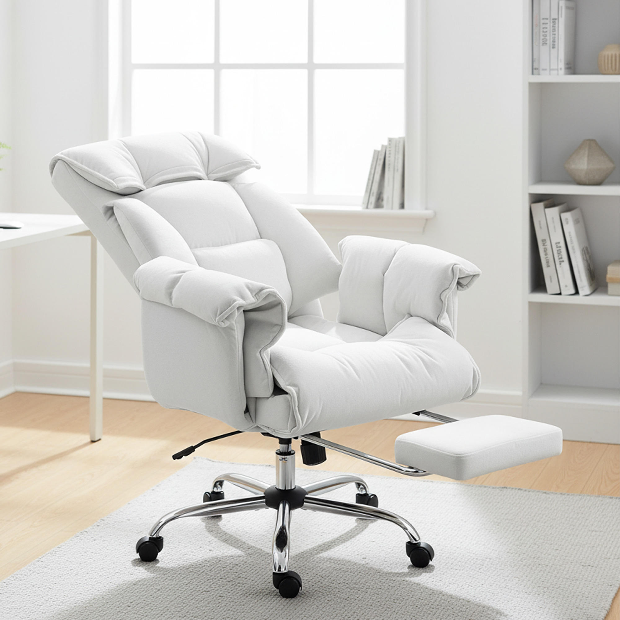 High Back Office Chair, Reclining Desk Chair With Footrest, High Resilience Foam, Rolling Wheels, Cream White
