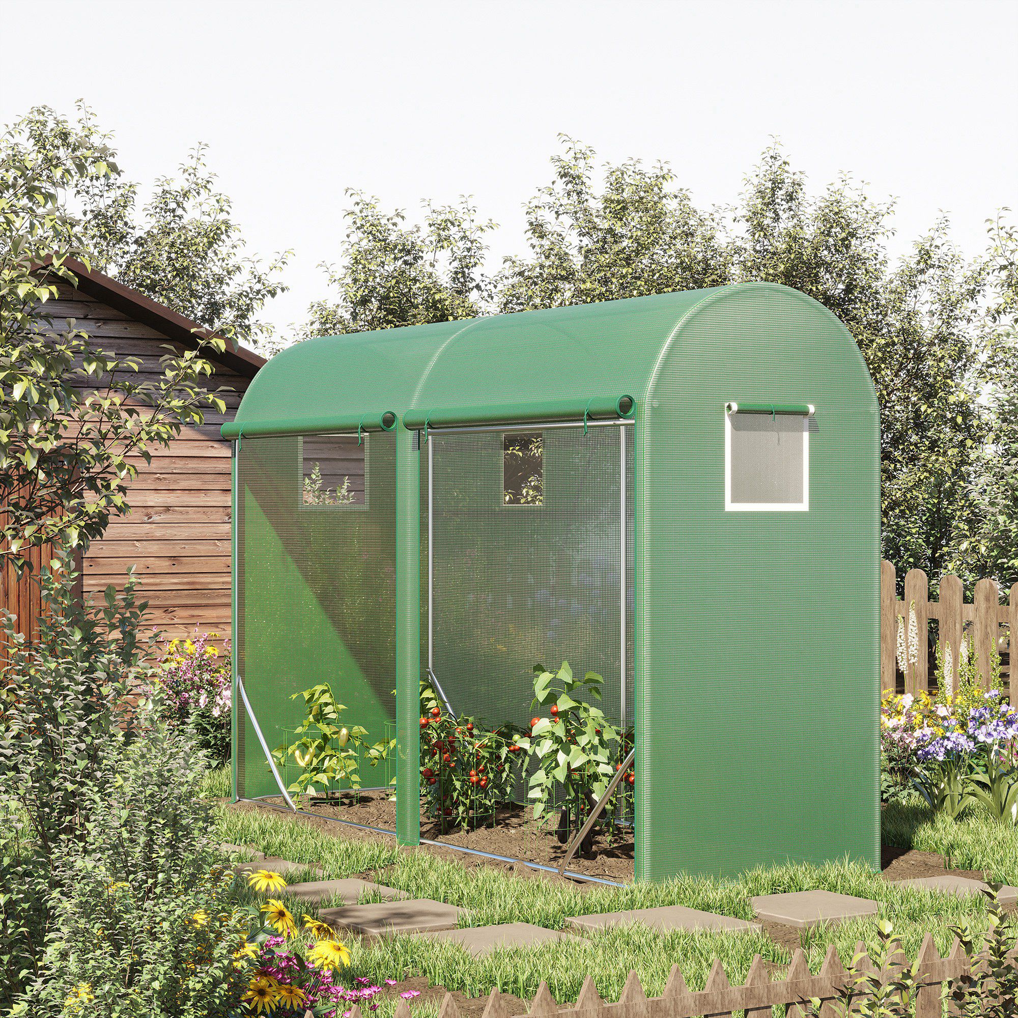 10' X 3' X 7' Walk-in Lean-to Greenhouse, Steel, 4 Zipper Roll-up Windows & 2 Doors, UV Protecting PE Cover For Growing Flowers, Vegetables, Tropical Plants, Saplings, Succulents, Green_voghion.com