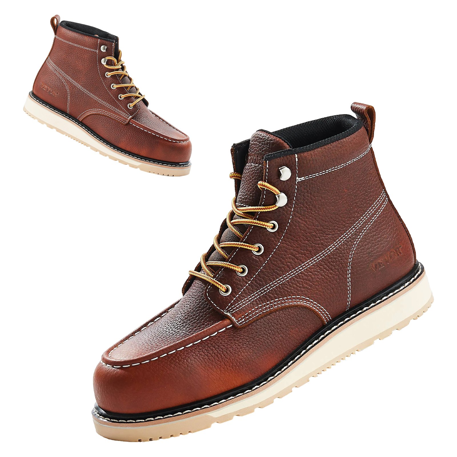 Steel Toe Work Boots, UK Size 10, Waterproof Moc Toe Work Boots For Men, Slip-Resistant Work Boot, Lightweight And Breathable EVA Rubber Sole Mens Boots For Industry Construction, Brown - Image 1