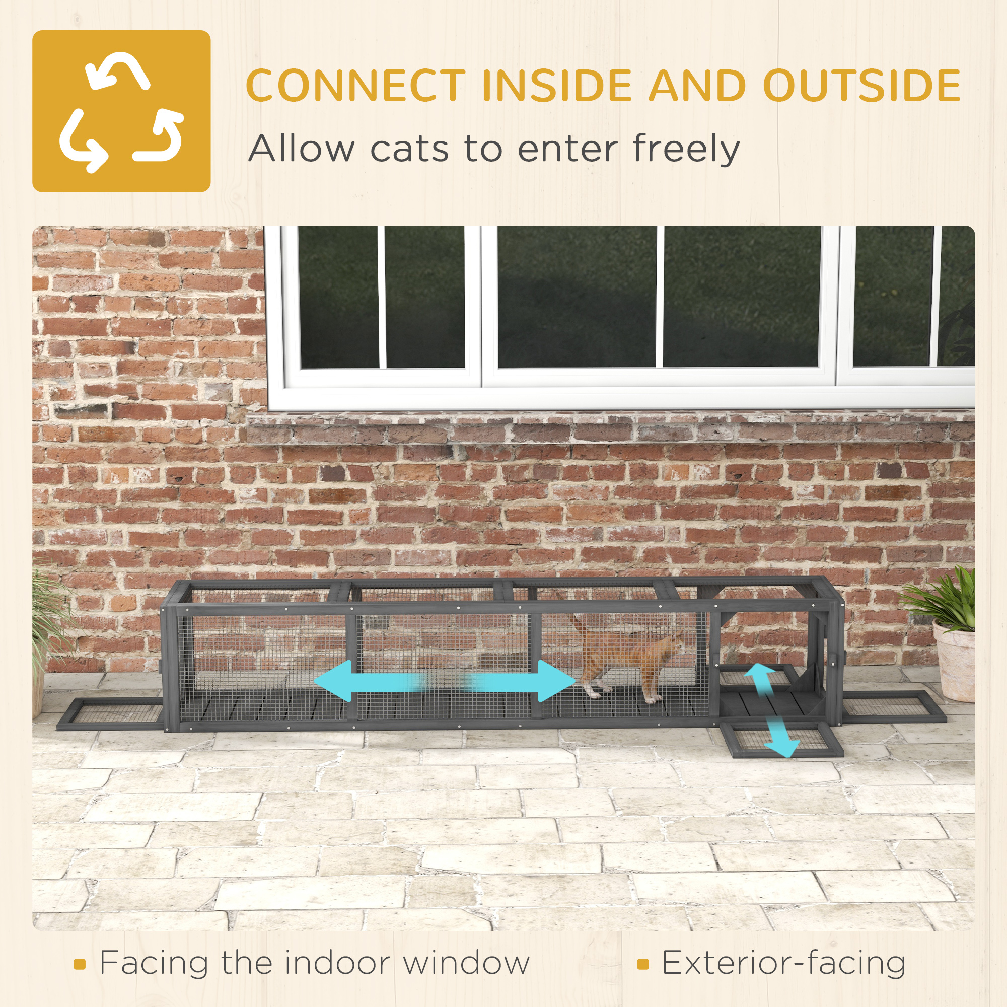 Wooden Cat Run With Weather Protection, Connecting Inside And Outside, 79"L X 15"W X 15"H, Dark Gray