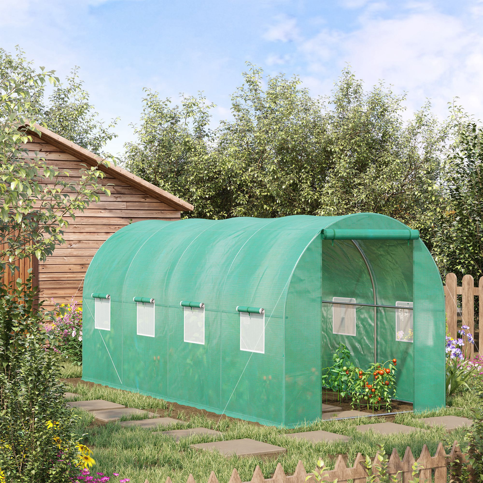 15' X 7' X 6.5' Walk-in Tunnel Hoop Greenhouse, Green House For Outside With PE Cover, Steel Frame, Roll-Up Zipper Door & Windows For Flowers, Vegetables, Tropical Plants, Green_maomaolike.com