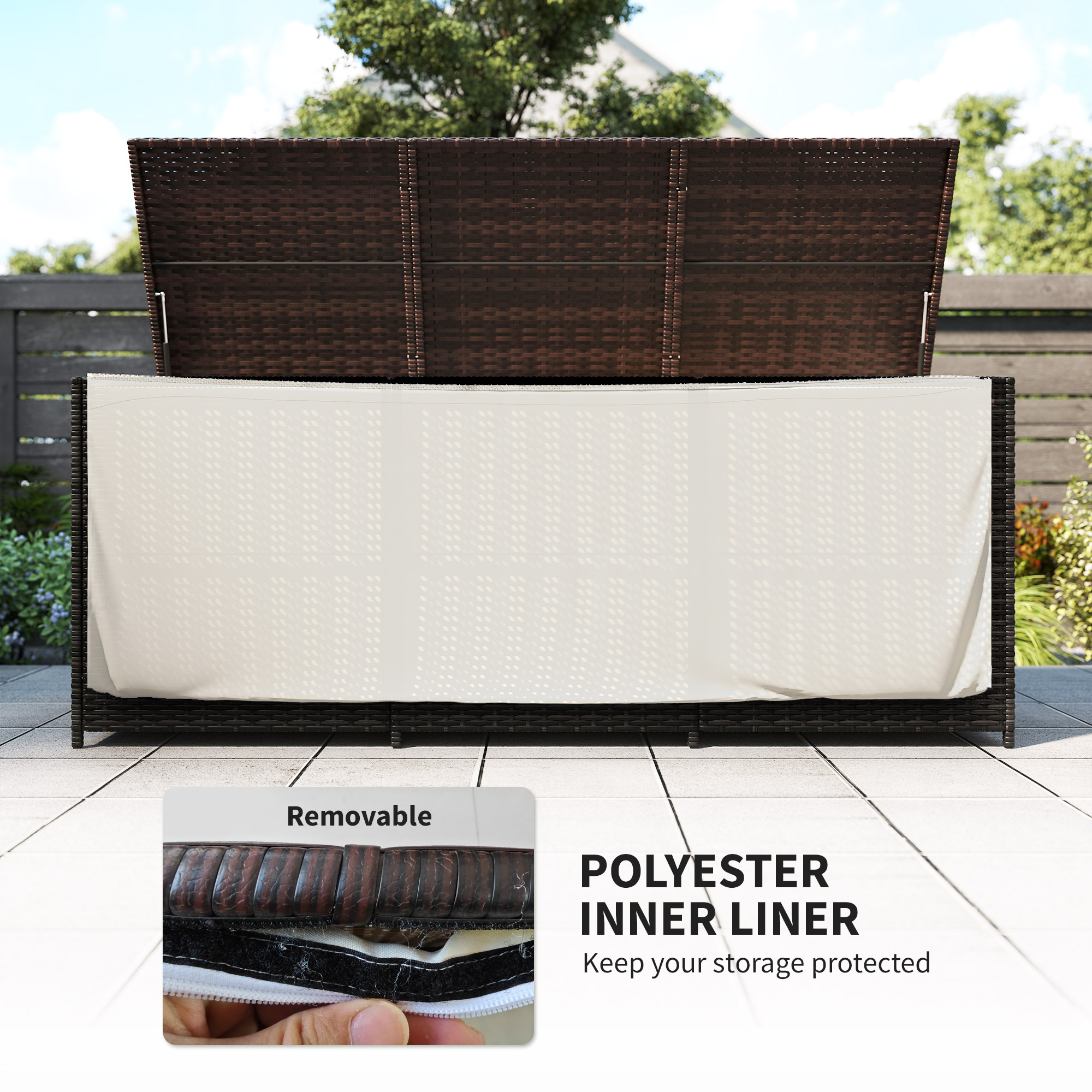 175 Gallon Outdoor Storage Box With Inner Liner, PE Rattan Wicker Deck Box With Pneumatic Bar Lift, Mixed Brown_voghion.com