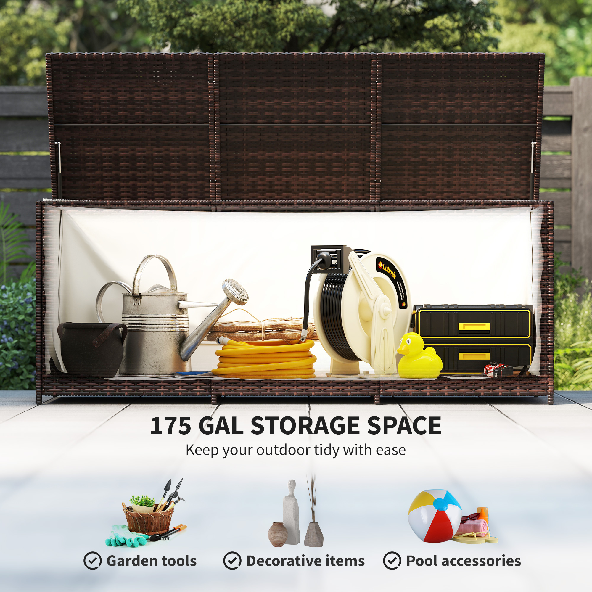 175 Gallon Outdoor Storage Box With Inner Liner, PE Rattan Wicker Deck Box With Pneumatic Bar Lift, Mixed Brown_voghion.com