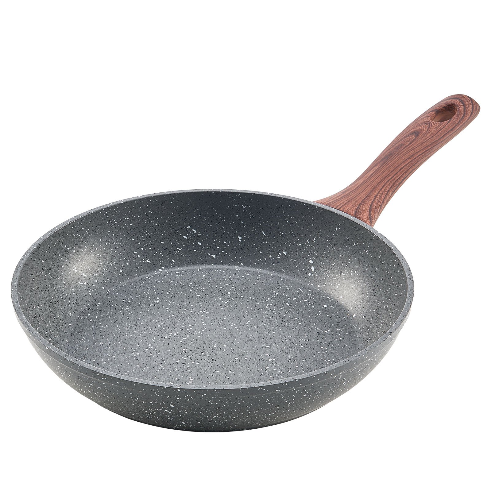 Granite-effect non-stick frying pan with wood-grain bakelite handle