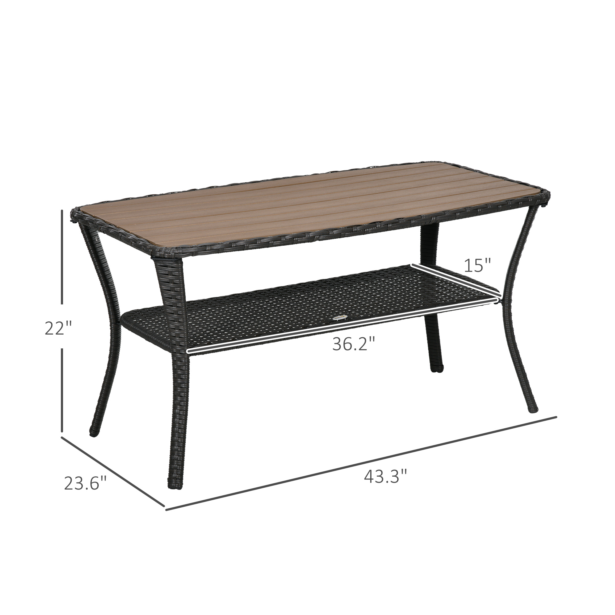Outdoor Patio PE Rattan Coffee Table With Storage Shelf, Wicker Side Table With Wood-Plastic Composite Top, Mixed Brown_voghion.com