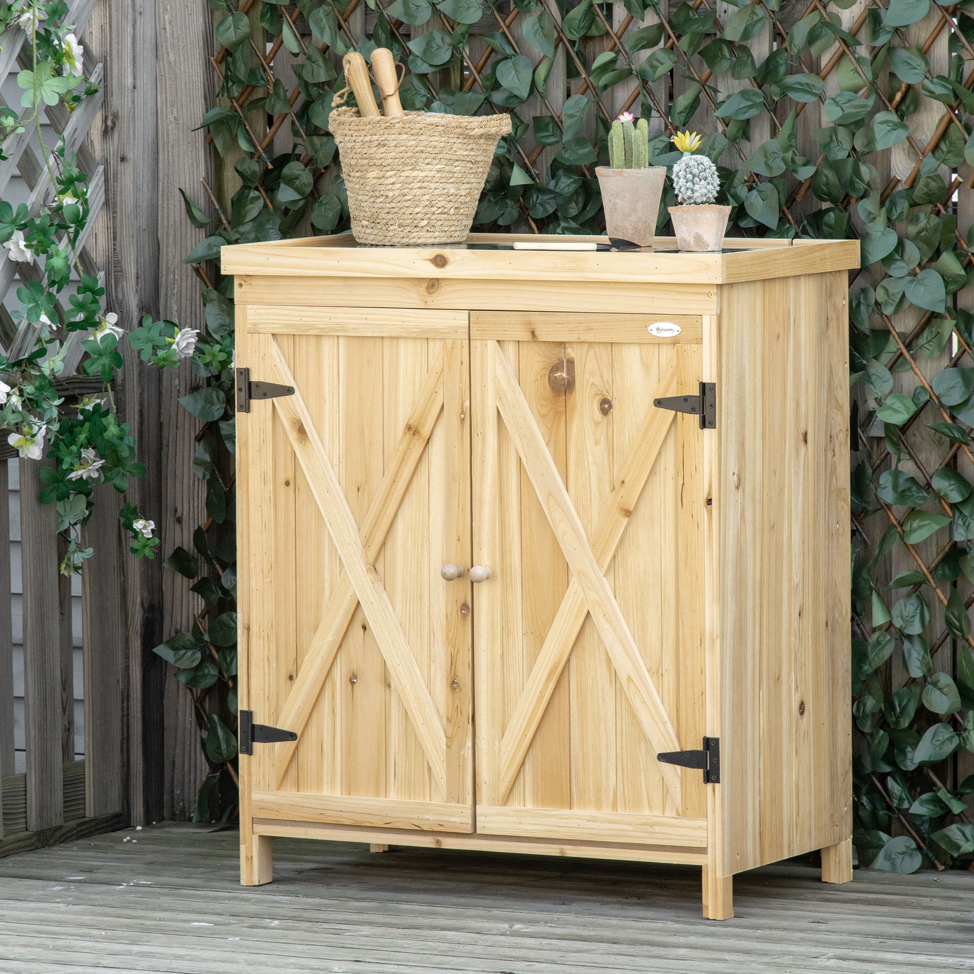 Garden Storage Cabinet, Outdoor Tool Shed With Galvanized Top And Two Shelves For Yard Tools Or Pool Accessories, Natural - Image 1