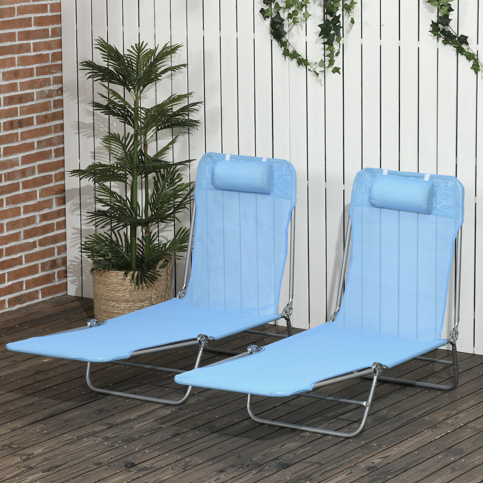 2 Piece Folding Chaise Lounge Chairs, Pool Sun Tanning Chairs With Reclining Back, Breathable Mesh Seat, Headrest For Beach, Yard, Patio, Blue
