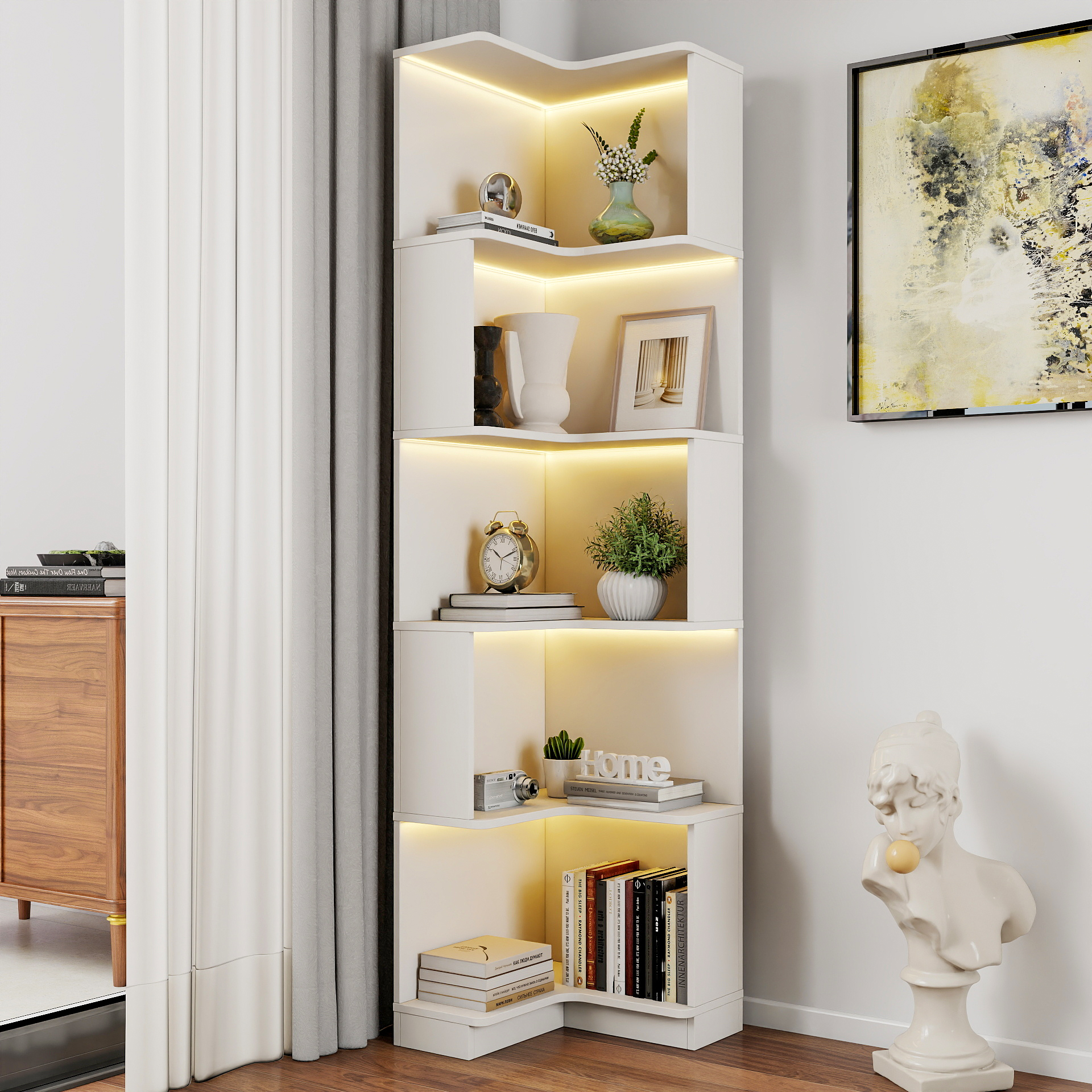 Corner Book Shelf — 5 Tier Corner Bookshelf Bookcase with Baffle