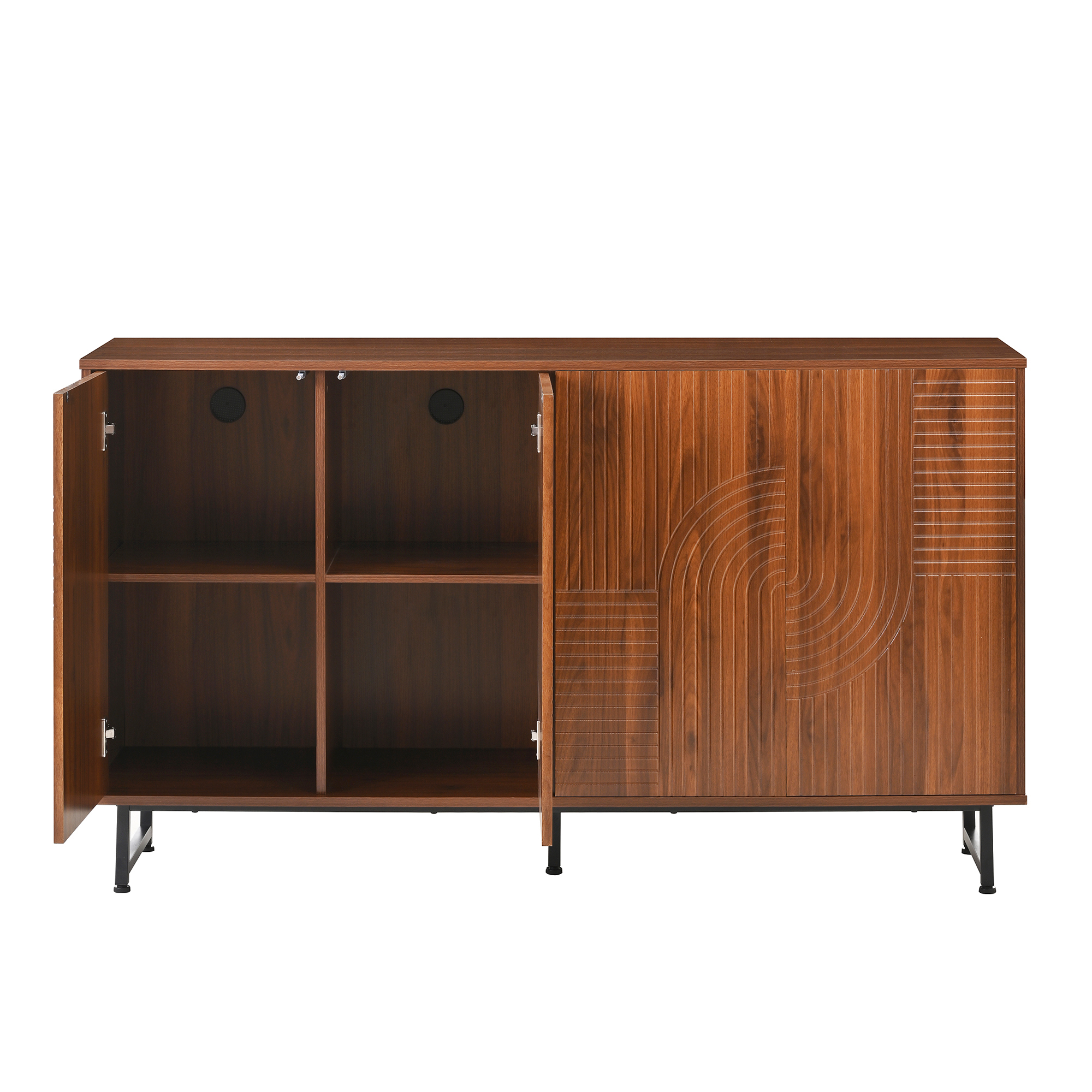 Mid-Century Modern Walnut Sideboard Buffet Cabinet, 59X16X33 Inches Geometric Carved Storage Cabinet With Metal Legs, Multi-Purpose Credenza For Living Room, Dining Room, Entryway 678c037e D953 4808 9a89 4f736323d504