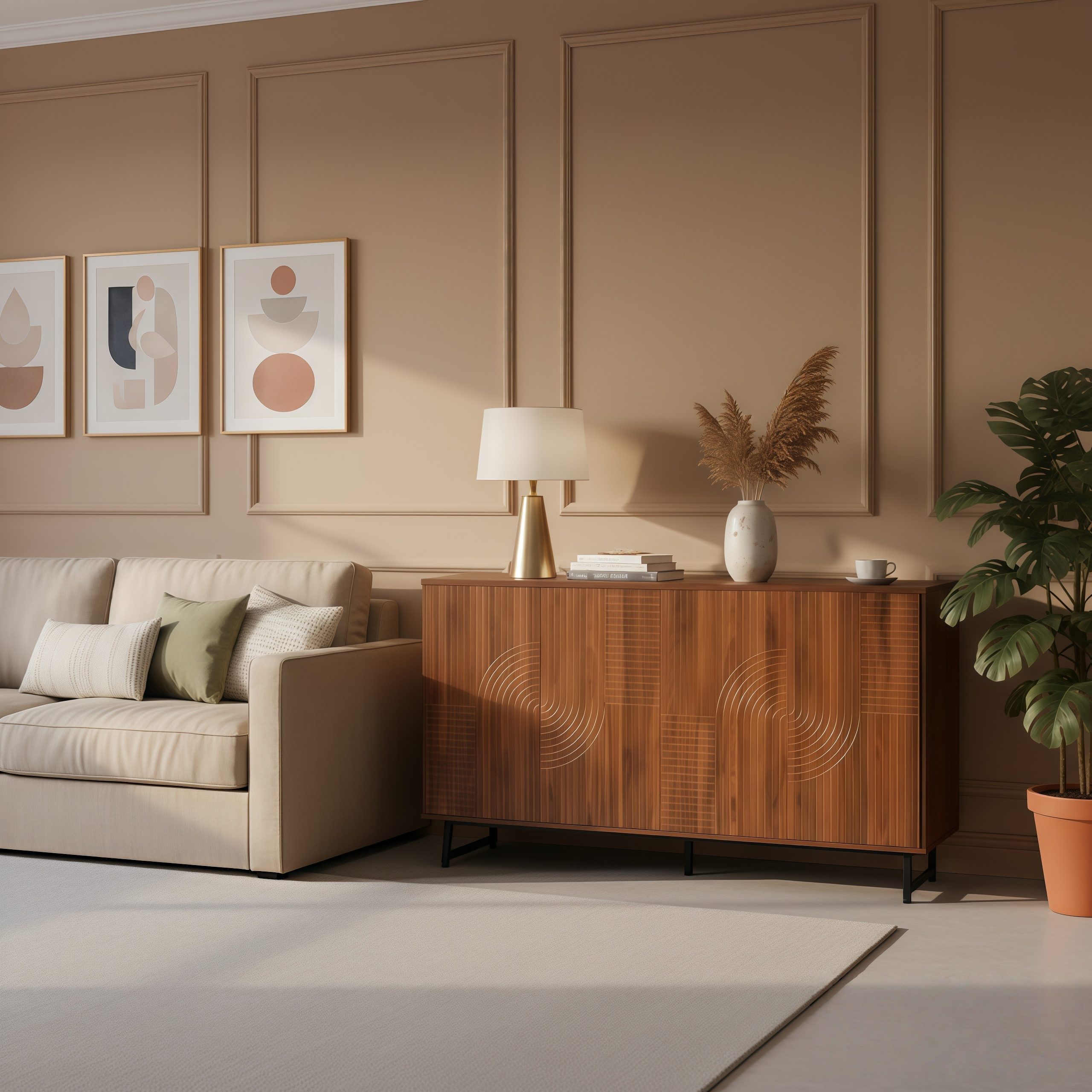 Mid-Century Modern Walnut Sideboard Buffet Cabinet, 59X16X33 Inches Geometric Carved Storage Cabinet With Metal Legs, Multi-Purpose Credenza For Living Room, Dining Room, Entryway 740c64f5 5517 4233 89fb 9a0833b2f3f2