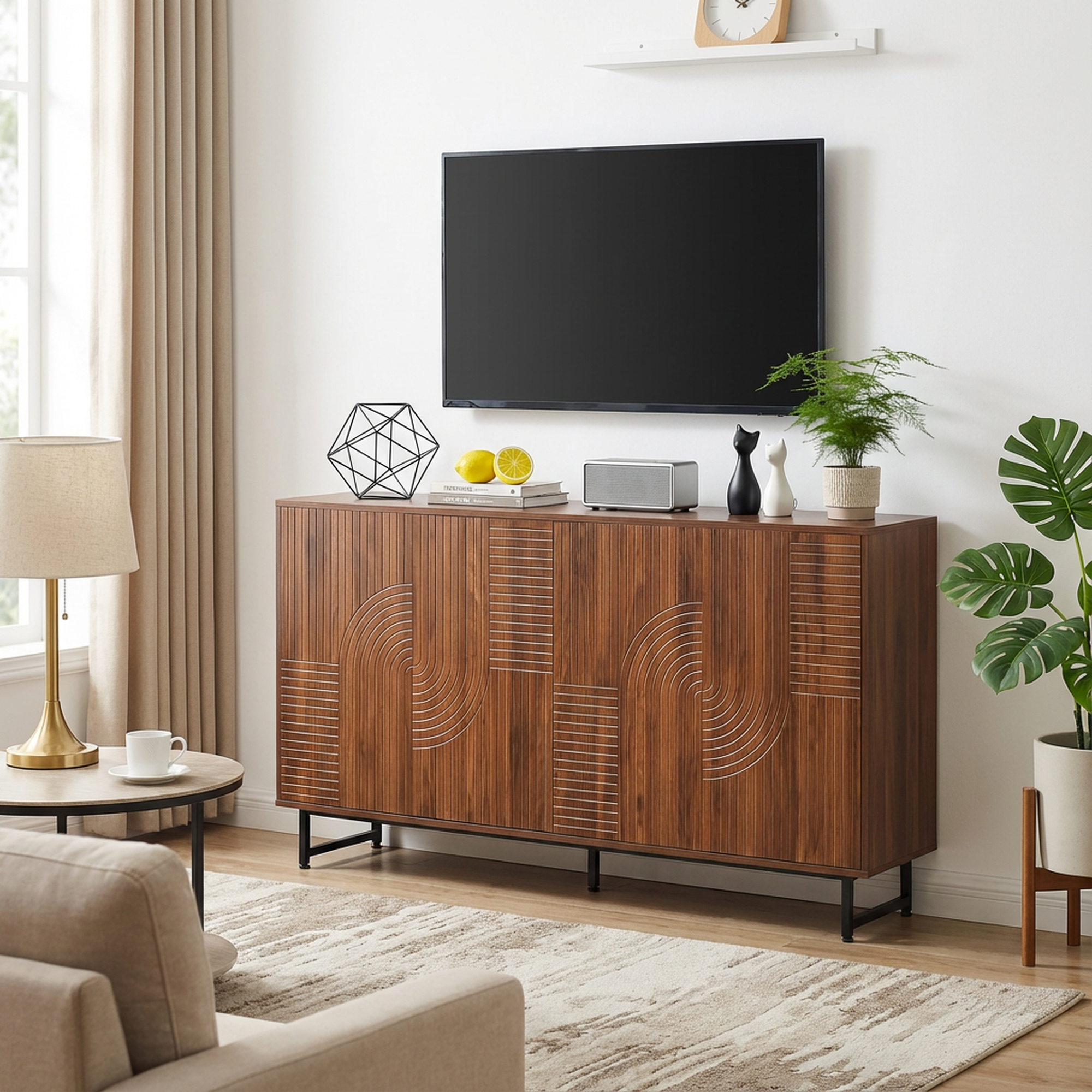 Mid-Century Modern Walnut Sideboard Buffet Cabinet, 59X16X33 Inches Geometric Carved Storage Cabinet With Metal Legs, Multi-Purpose Credenza For Living Room, Dining Room, Entryway C86e067f 0248 4f54 Afee A85c55e38957