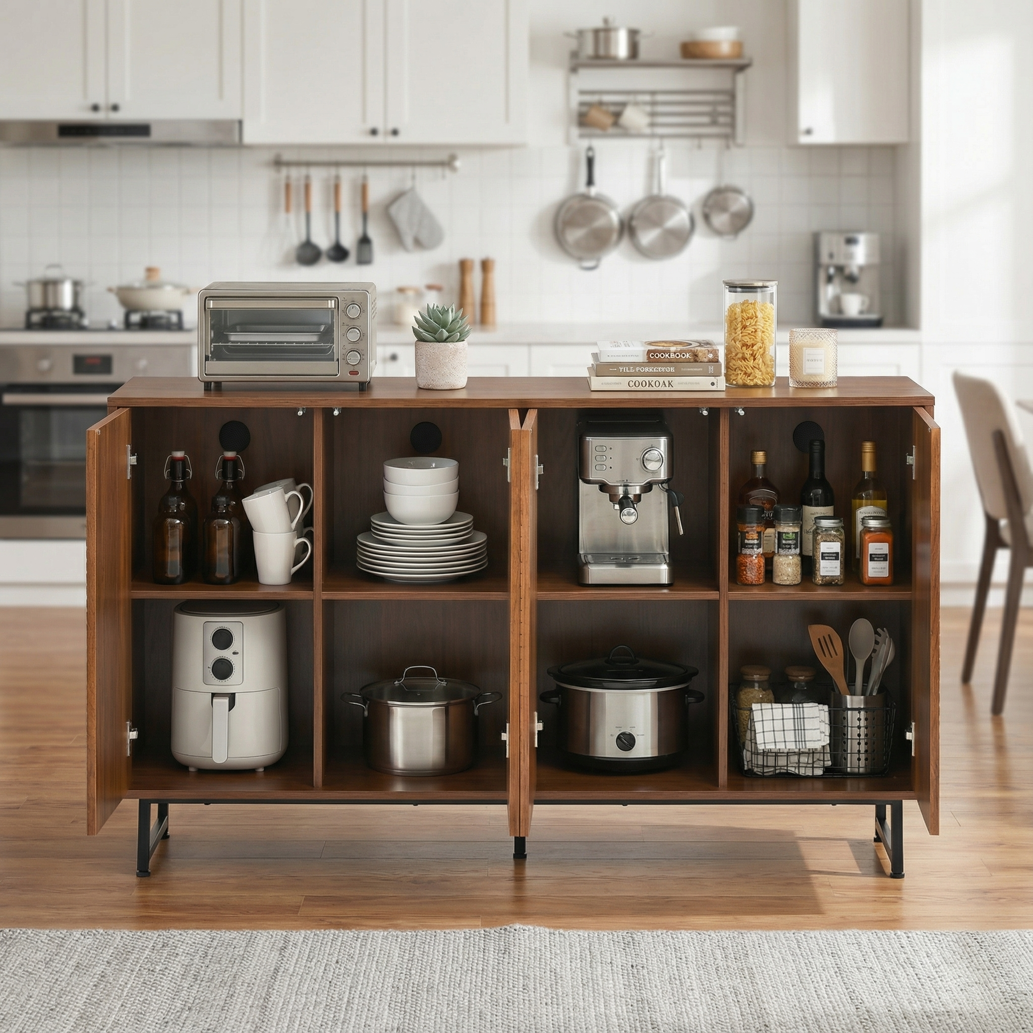 Mid-Century Modern Walnut Sideboard Buffet Cabinet, 59X16X33 Inches Geometric Carved Storage Cabinet With Metal Legs, Multi-Purpose Credenza For Living Room, Dining Room, Entryway Ef66a08b 2ccc 4961 A89a F8e54208ee3a