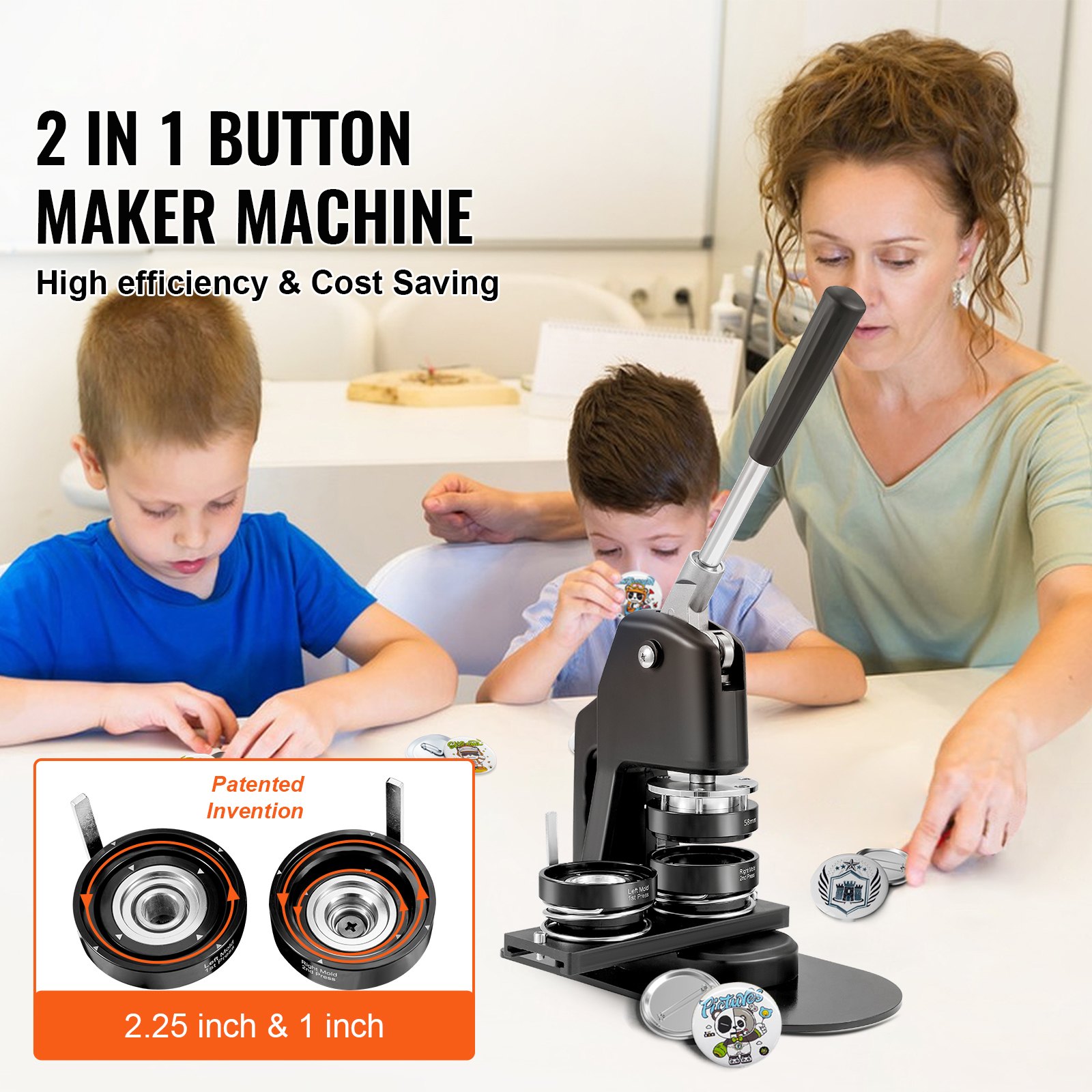 Button Maker Machine, Multiple Sizes 1+2.25 Inch Badge Punch Press Kit