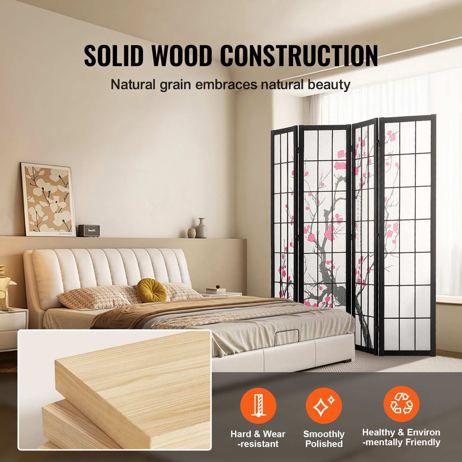 Room Divider, 4 Panel Japanese Screen, Wood Folding Privacy Indoor, Partition — image 5
