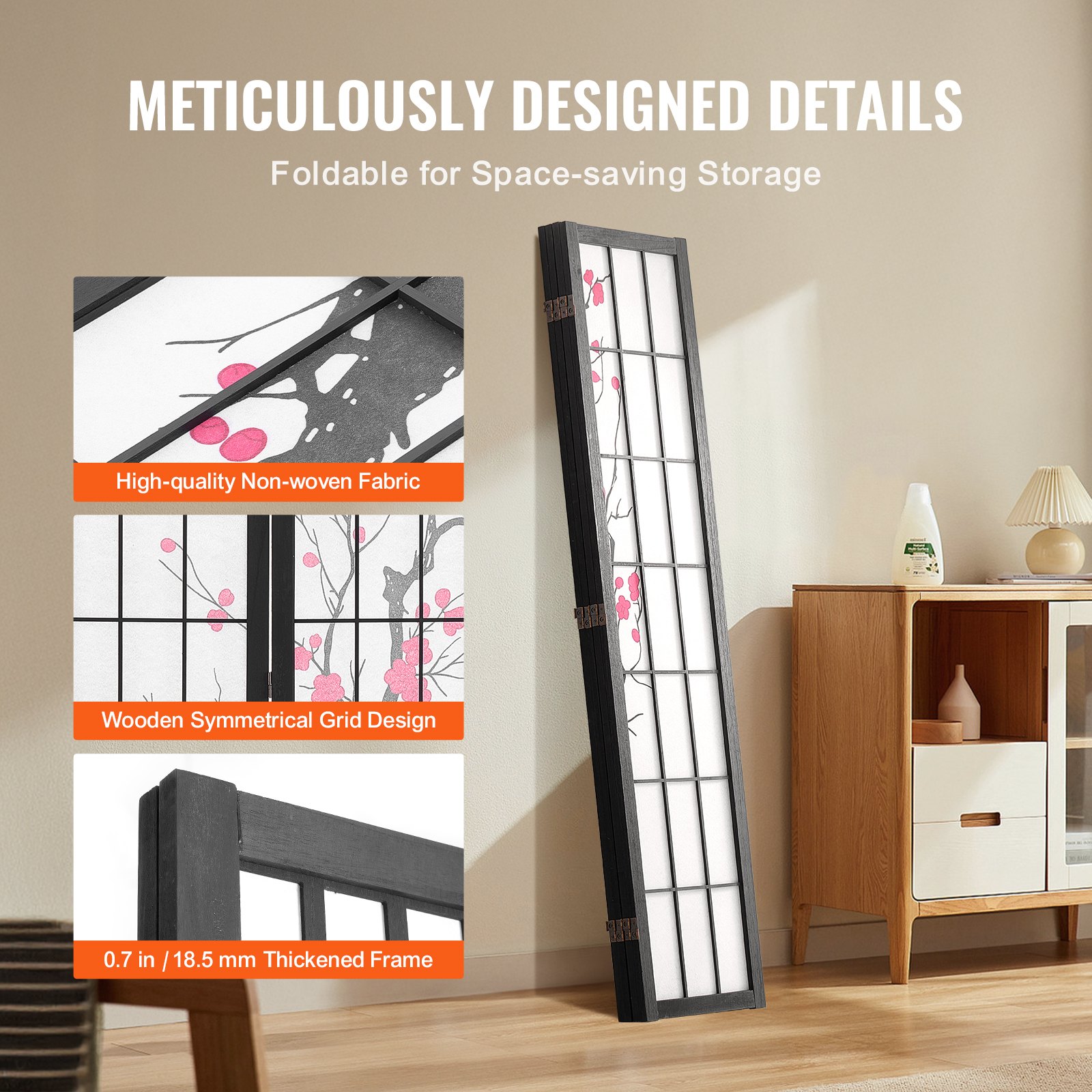 Room Divider, 4 Panel Japanese Screen, Wood Folding Privacy Indoor, Partition — image 2