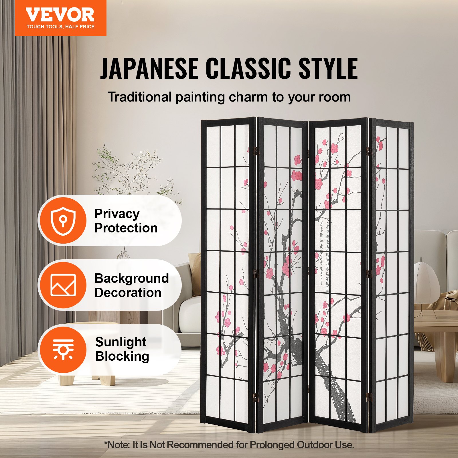 Room Divider, 4 Panel Japanese Screen, Wood Folding Privacy Indoor, Partition — image 3