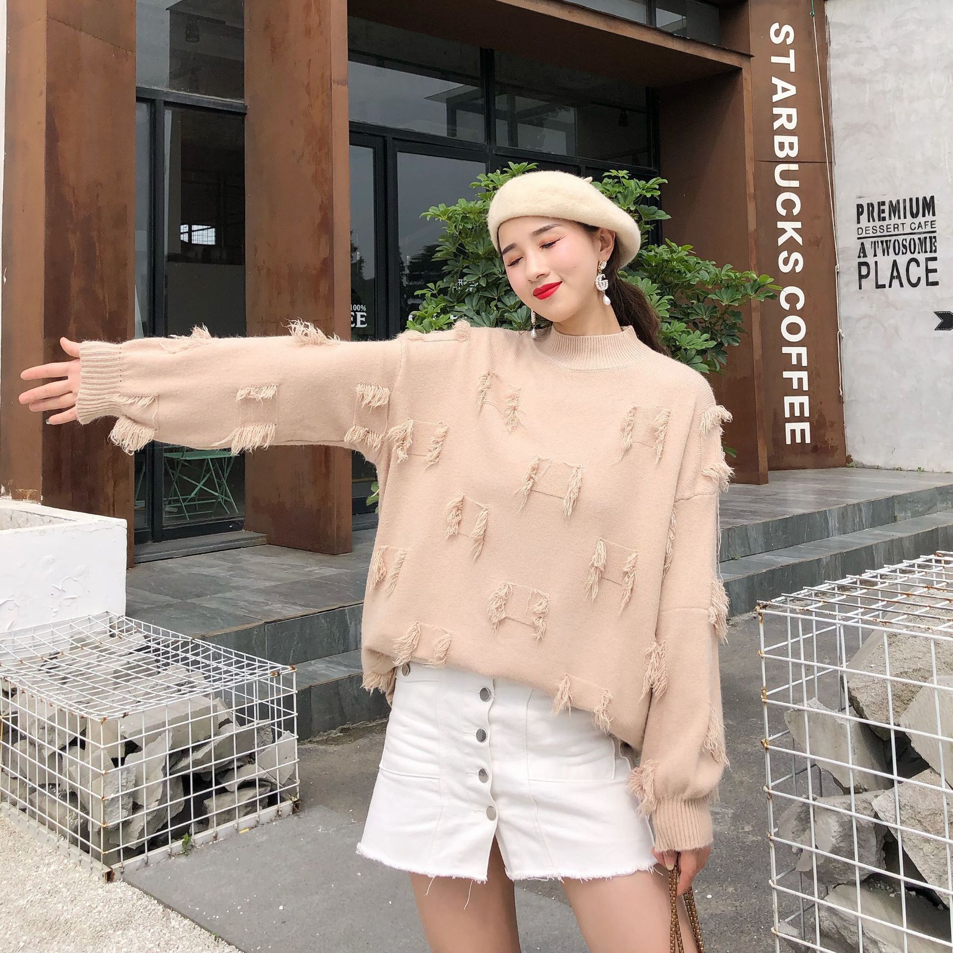 Half High Neck Loose Knit Sweater Top Net Red Lantern Sleeve Pullover Women