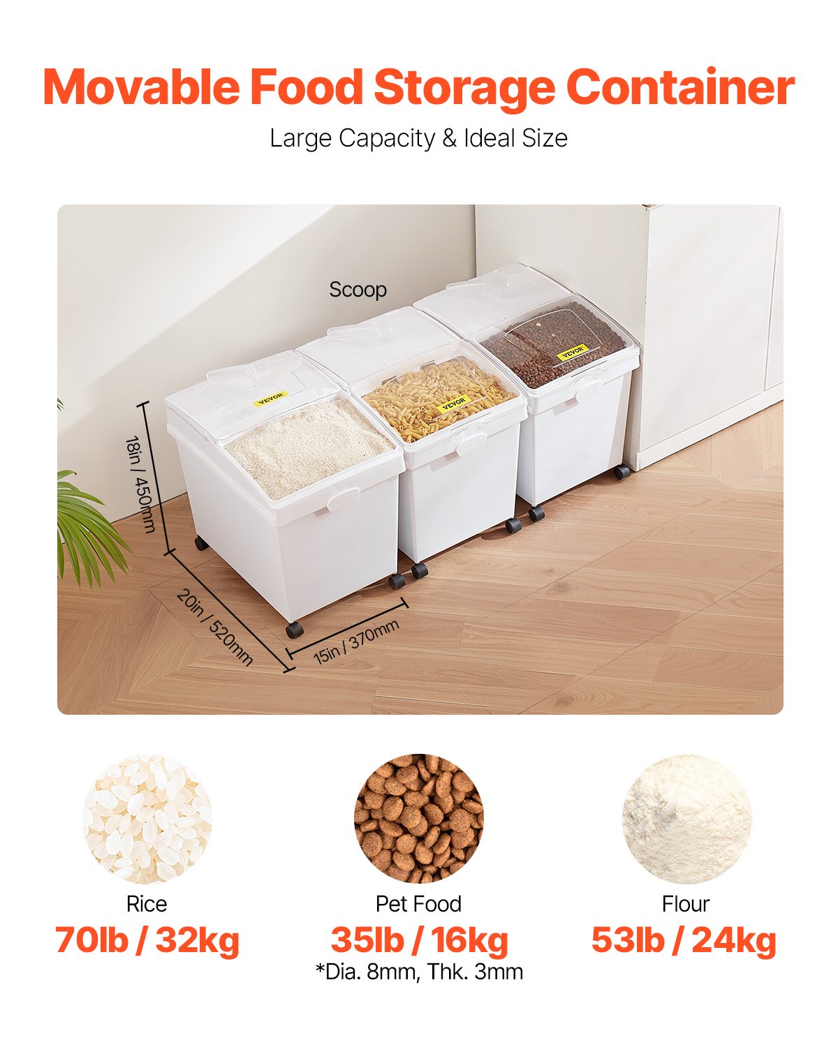 Ingredient Bin, 33.3 L Capacity Storage PP Material Flour Bins On Wheels, White — image 4