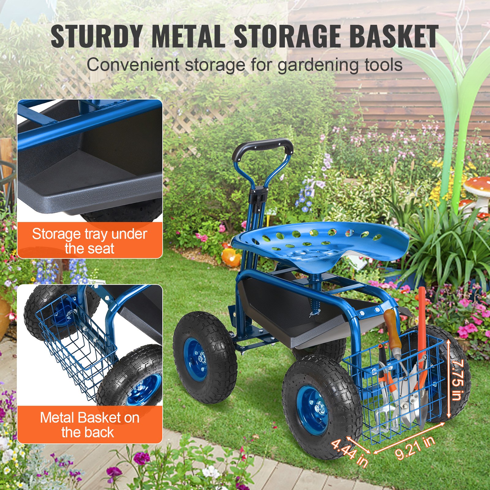 Garden Cart Rolling Workseat With Wheels, Gardening Stool For Planting, 360