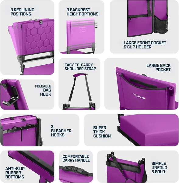 Alpcour Folding Reclining Stadium Seat With Back Support For Bleachers