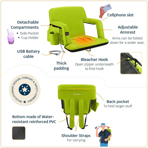 Alpcour Heated Reclining Stadium Seat For Bleachers With Back Support