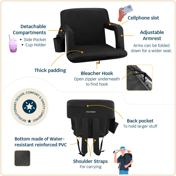 Alpcour Reclining Stadium Seat - Waterproof Foldable Camping Chair With Extra Thick Padding And Wide Back Support - Image 2