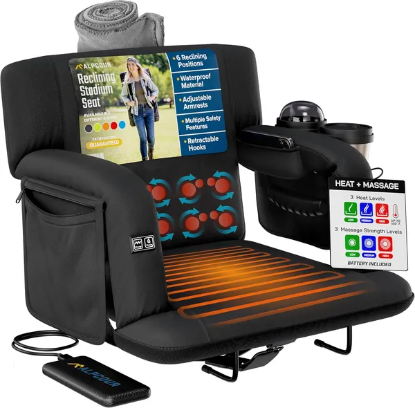 Alpcour Premium Heated Massage Reclining Stadium Seat For Bleachers With Back Support