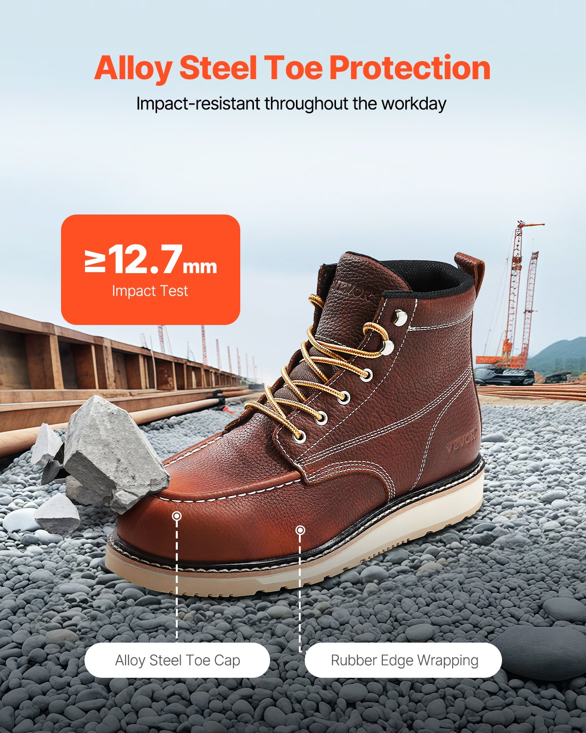 Steel Toe Work Boots, UK Size 12, Waterproof Moc Toe Work Boots For Men, Slip-Resistant Work Boot, Lightweight And Breathable EVA Rubber Sole Mens Boots For Industry Construction, Brown