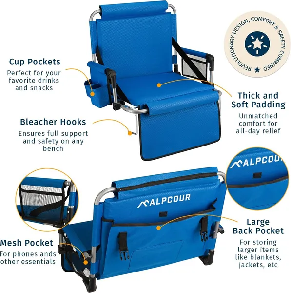 Alpcour Stadium Seat - Foldable, Padded Bleacher Chair With Backrest, Armrest, Pockets, & Cup Holder