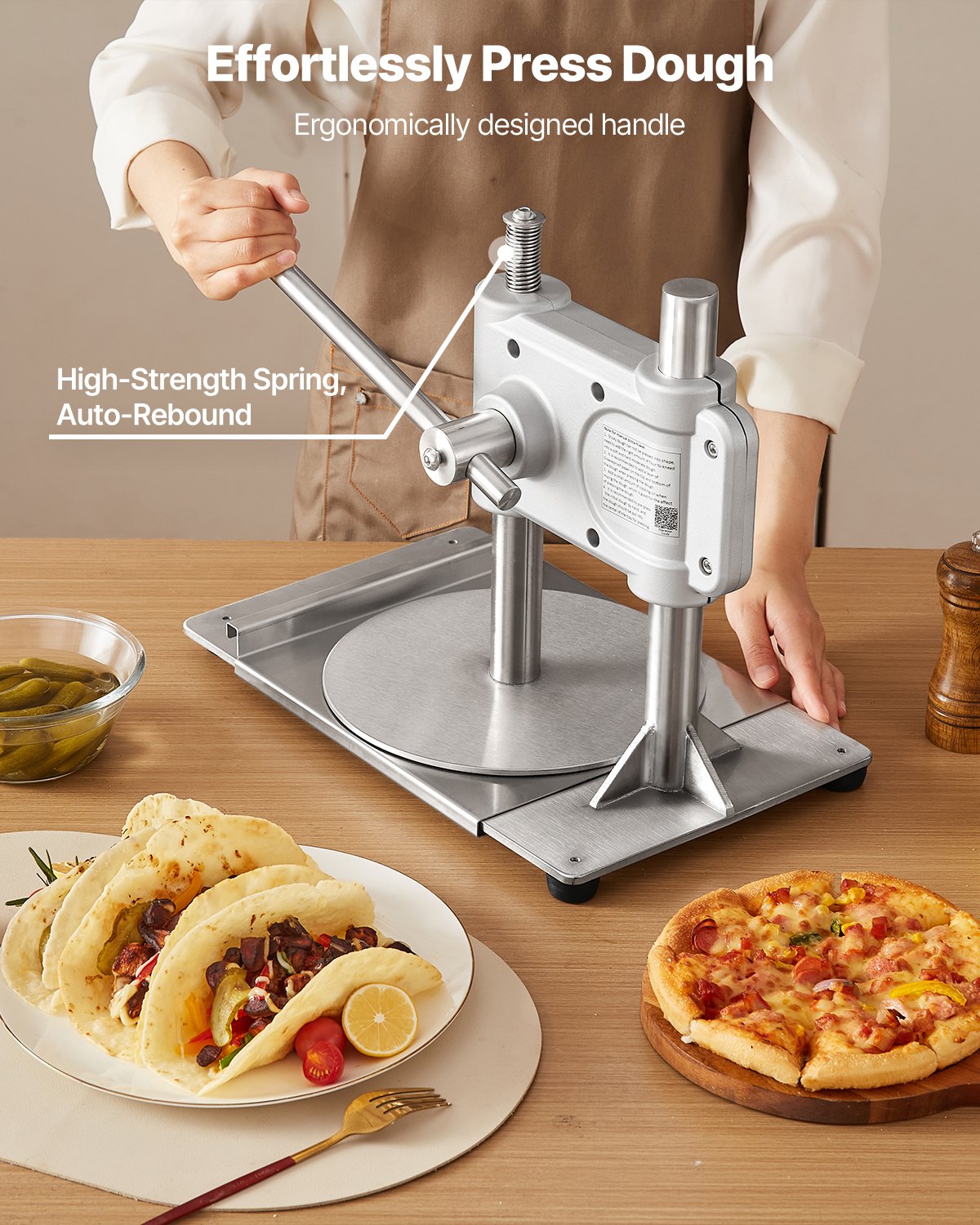 Manual Pizza Dough Press Machine, 9.5 Inch Pastry Plate, Stainless Steel Bread