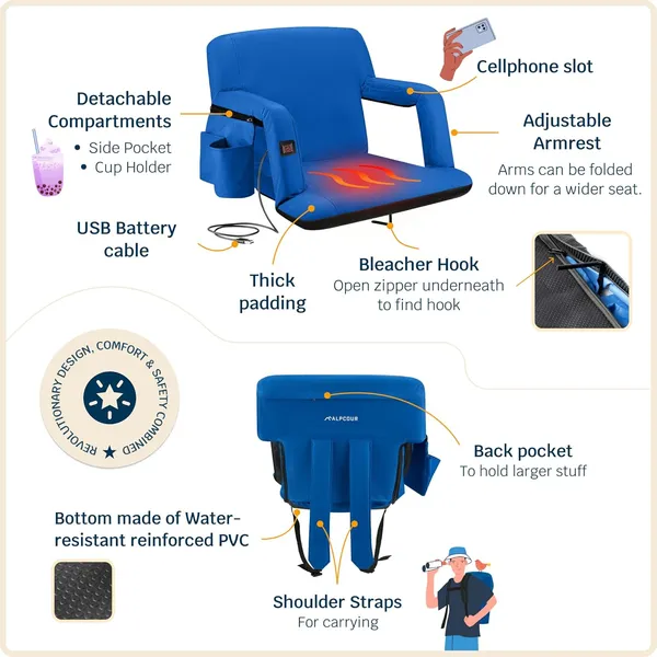 Alpcour Heated Reclining Stadium Seat For Bleachers With Back Support