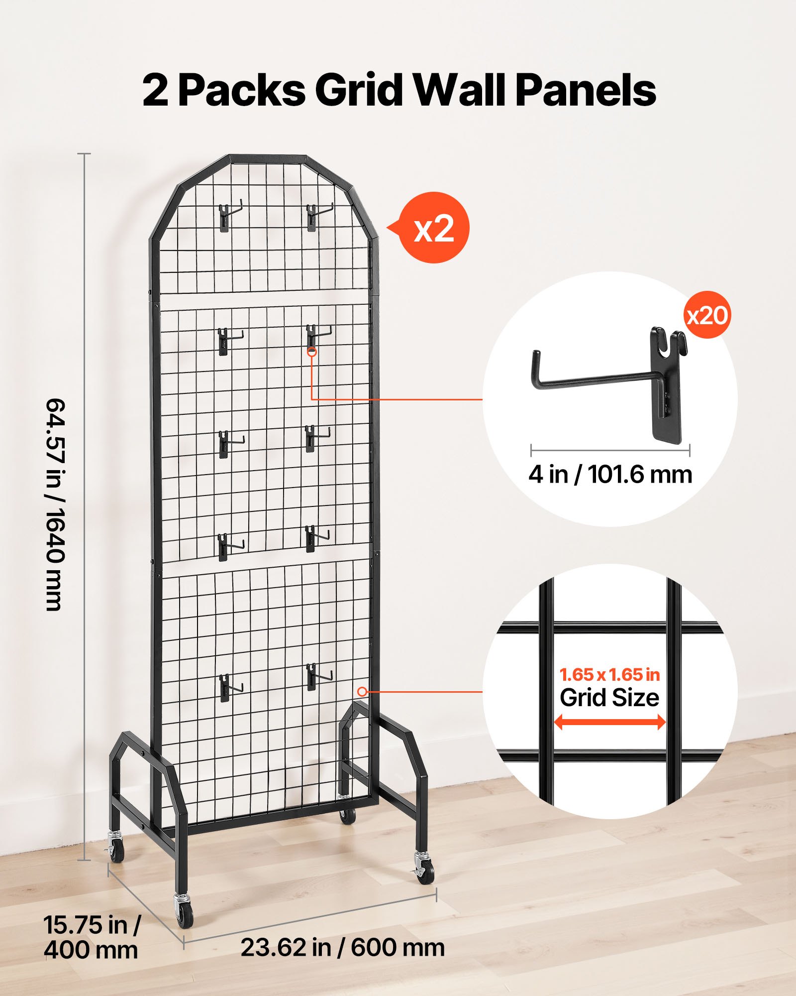 2 Packs Grid Wall Panels, 600 X 1640mm Wire Display Rack, Movable Art Shelf — image 3