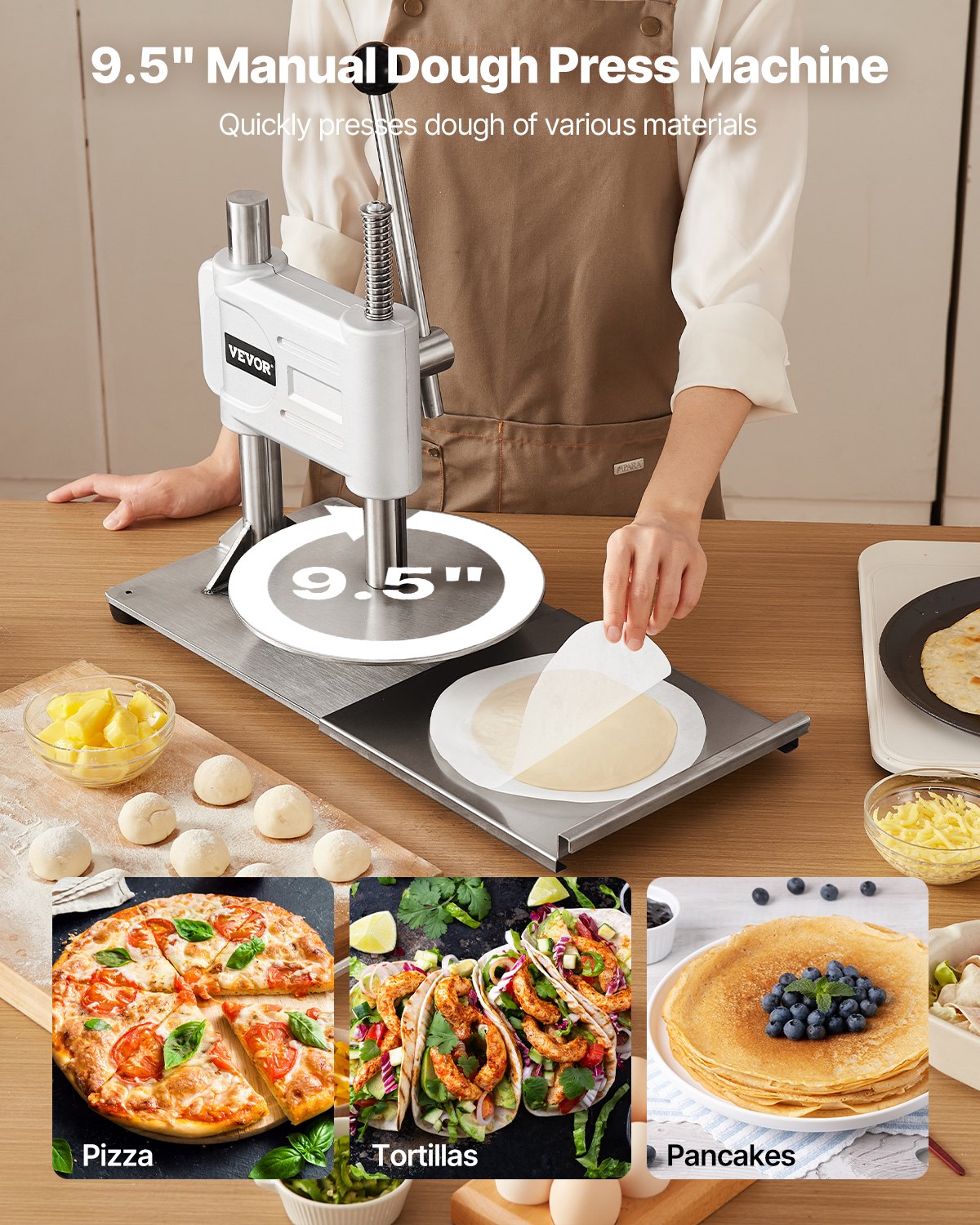 Manual Pizza Dough Press Machine, 9.5 Inch Pastry Plate, Stainless Steel Bread — image 2